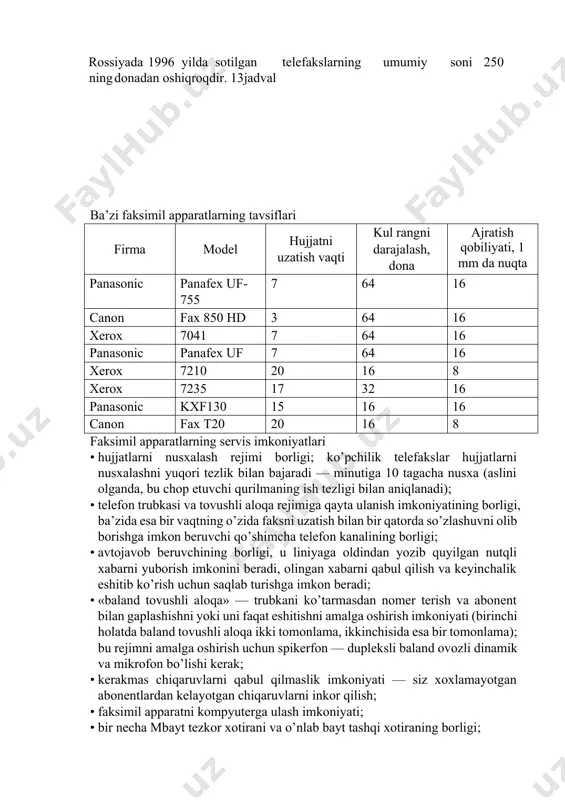 mm da 7—10 ta nuqta, 16—32 darajali qo’l rangni uzatishi mumkin, ko’pincha 9600 bit/s li modem bilan jixozlanadi; lekin ularda vaqt o’tishi bilan sarg’ayib ketadigan maxsus qimmat turadigan termoqog’oz ishlatiladi. telefaksda termochop etishning ishlash prinsipi. uzatilayotgan hujjatdagi oq va qora nuqtalarning almashinishib turishi tug’risidagi aloqa kanali bo’yicha kelgan ma’lumotlar mos ravishda chop etadi. 13­rasm. zamonaviy faksimil apparati kuchsiz va kuchliroq elektr signallari ko’rinishida bo’lib, termoqog’oz bilan kontaktda bo’lgan qizdiruvchi elementlar chizg’ichiga beriladi. yanada kuchli signalni olgan termoelementlar qiziydi va u bilan kontaktda turgan qog’oz uchastkalarining qorayishiga olib keladi. termoelementlar sovigandan keyin termoqog’oz bir qadam oldinga suriladi va tasvirni keyingi qatorda shakllanishi amalga oshiriladi. bunday tsikl bir necha millisekund davom etadi, bu esa yuqori tezlik bilan chop etishni ta’minlaydi. elektrografik va ingichka oqimli faksimil apparatlar ham taxminan shunday klassda ishlaydi, lekin ularning asosiy xususiyati oddiy qog’ozni ishlatishi va birmuncha yuqori narxdaligidir. lazerli faksimil apparatlar yaxshi tavsiflarga ega: ajratish qobiliyati 1 mm …