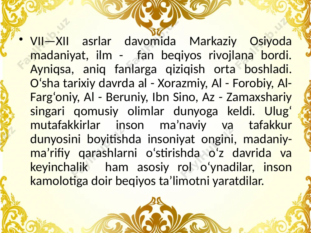 sining axloqiy qiyofasini belgilovchi muhim fazilatlar sifatida ma’rifiy qadriyatlarimiz tarixida muhim ahamiyatga ega. inson bilimlilik adolat xushxulqlik kasb-hunar ezgulik, yaxshilik , kamtarlik, jasorat, shirinsuxanlik, poklik, vafodorlik, do‘stlik, mehmondo‘stlik eng qadimgi davrlarda insonda ulug‘langan xislatlar image2.png image3.png image4.jpeg image1.jpg /docprops/thumbnail.jpeg