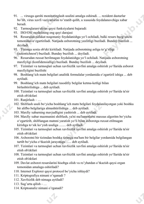 anishi: 84. ... bajariluvchi fayllarga turli usullar bilan kiritiladi (eng ko‘p tarqalgan viruslar xili), yoki fayl-yo‘ldoshlarni (kompanon viruslar) yaratadi yoki faylli tizimlarni (link-viruslar) tashkil etish xususiyatidan foydalanadi. 85. ... uzini diskning yuklama sektoriga (boot - sektoriga) yoki vinchesterning tizimli yuklovchisi (master boot record) bulgan sektorga yozadi. yuklama viruslar tizim yuklanishida boshqarishni oluvchi dastur kodi vazifasini bajaradi. 86. ... o‘zini tarkatishda komp'yuter tarmoklari va elektron pochta protokollari va komandalaridan foydalanadi. ba'zida tarmoq viruslarini "qurt" xilidagi dasturlar deb yuritishadi. tarmoq viruslari internet-qurtlarga (internet bo’yicha tarqaladi), irc-qurtlarga (chatlar, internet relay chat) bo’linadi. 87. ... axborotni ishlovchi zamonaviy tizimlarning makro-dasturlarini va fayllarini, xususan microsoft word, microsoft excel va x,. kabi ommaviy muxarrirlarning fayl-xujjatlarini va elektron jad-vallarini zaxarlaydi. 88. ... viruslarni aniklashda etalon bilan taqqoslash usulidan, evristik taxlillashdan va boshkalardan foydalanadi. ... operativ xotira va fayllarni skanerlash yuli bilan muayyan virusga xarakterli bulgan niqobni qidiradi. 89. ... viruslarni kidirishda uzgarishlarni anikdovchi usuldan foydalanadi. ... diskdagi …
