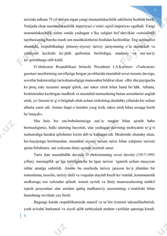 hiqilib amalga joriy etilayotgan ta`lim va kadrlar tayyorlash milliy dasturidir. ushbu dastur va ta`lim tarbiya tizimining tamoiyillari jahon andozalariga mos kelisha bilangina emas, balki ajdodlarimiz tomonidan bu sohada qo`lga kiritilgan boy tarixiy tajribalarga tayanganligi bilan ham qimmatlidir. shuning uchun mustaqillik yillarida o`rta osiyoning o`tmishdagi ta`lim tarbiya va ilmiy muassasalari hamda ta`lim tizimiga doir ma`lumotlar yoritilgan boturxon valixo`jaevning, kamolxon kattaev, shokir g`affurov, ahtam o`rolov va rahimjon yusupov va boshqalarning asarlari va maqolalari nashr etildi. lekin, xx asrning 30 yillarida sovet maktablari darsliklarga muhtoj bo`lib turgan bir paytda, jadid mualliflari yozgan va musulmon bolalarining turmushi va psixologiyasiga moslashtirilgan darsliklardan foydalanish haqida o`ylab ham ko`rilmadi. aksincha ta`lim sohasini sinfiy dushmanda tozalash maqsadida, hatto maxsus qarorlar qabul qilindi. bu yillarda respublika oliy o`quv yurtlari tarmog`i ham ortib bordi. samarqandda du, buxoro, farg`ona, namangan, andijon, marg`ilon, toshkent, nukus, xiva, urganch shaharlarida oliy maktablar tashkil etildi 1940 yilda 9 yanvarda fan qo`mitasi ittifoq fanlar akademiyasining o`zbekiston …