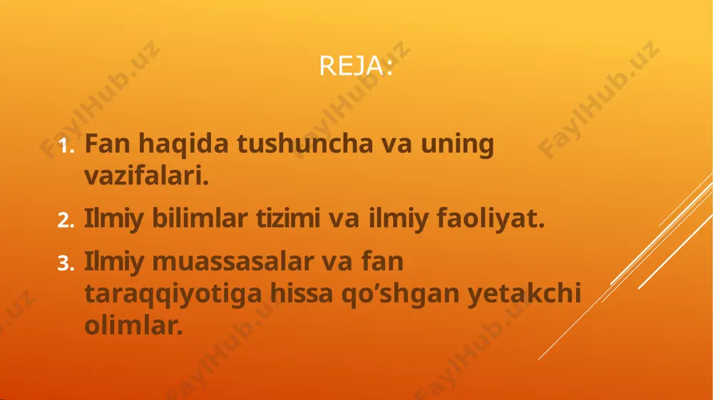 i ta’minlovchi tashkilotlarni mujassamlashtirilgan yaxlit ijtimoiy tizimni ifodalaydi. fanning asosiy vasifasi – ob’ektiv borliqni (dunyoni) anglash, u haqidagi bilimlarni mantiqli va adekvat (aynan bir xil) tizimga keltirishdir. fanning shakllanish darajasi evolutsion xarakterga ega. fanning tarkibiy qismi, ta’rifi va tavsifi hamda muhim belgilari uning tizimi xarakteristikasini tashkil etadi (ifodalaydi). fanning tarkibiy qismi quyidagi uchta asosiy yo‘nalishda aks ettiriladi: ilmiy bilimlar tizimi, ilmiy faoliyat va ilmiy muassasa. ilmiy bilimlar tizimi quyidagi belgilarga ega bo‘lishi kerak: hammabopligi, ilmiy dalillarning haqiqiyligi (tekshirilganligi), oshira olinishligi, bilimlar voqeliklarni tizimini amalga turg‘unligi (barhayotliligi). ilmiy bilimlar tizimi quyidagicha klassifikatsiyalanadi: bilim tarmoqlari bo‘yicha: tabiiy fanlar, texnik fanlar, jamiyat fanlari; ilmiy fanlar bo‘yicha: matematika, fizika, kimyo, astronomiya, energetika va h.k.; d) ilmiy faoliyat natijasi: nashr etish (kitob, maqola) mualliflik guvohnomasi, patent, konstruktorlik ishlama va h.k. ilmiy faoliyat natijasi quyidagi asosiy belgilari bilan ifodalanuvchi yangi ilmiy bilimlarni olishga, o‘zlashtirishga qayta ishlashga va sistemaga tushirishga yo‘naltirilgan ijodiy faoliyat (ilmiy ish yoki ilmiy …