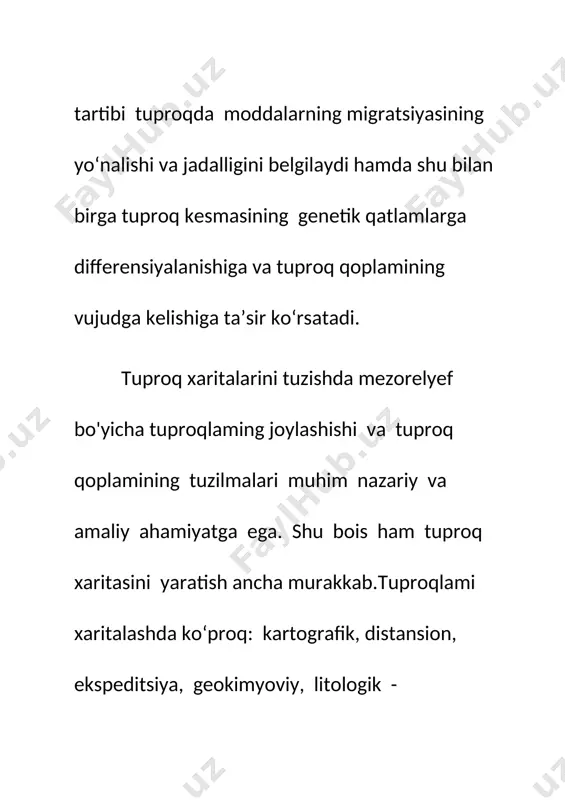 ekistonning tuproq xaritalari berilgan. shuningdek, atlasda respublikamizning tuproq-geografik va geomorfologik rayonlashtirish xaritalari berilgan. tuproq xaritalarida sifatli rang (fon) usuli bilan balandlik mintaqasi tuproqlari beshta guruhga, ya’ni, och qo'ng'ir, jigarrang, to‘q tusli bo‘z, tipik bo‘z va och tusli bo‘z tuproqlar mintaqasiga ajratib tasvirlangan. cho‘l zonasi tuproqlari esa ikkita guruhga, ya’ni mo‘tadil subboreal, issiq va iliq subtropik kichik choi zonasiga ajratib tasvirlangan. kartografik tasvirlash usullari va grafik vositalar yordamida respublika yer fondining hozirgi paytdagi qoplamlari aniq tasvirlangan. tuproq hosil bo‘lishining zonal-mintaqaviy va provintsial- iqlimiy qonuniyatlari asosida tuproqlarning genetik xilma-xilligi ko‘rsatilgan. atlas tarkibiga kiritilgan xaritalar va boshqa matnli hamda grafik materiallar boshqaruvning turli bosqichlarida tuproq unumdorligini oshirish, melioratsiyalash, yerlami muhofaza qilish va ulardan oqilona foydalanish bo‘yicha eng tejamli va samarali usullarni aniqlashga va qoilashga imkon beradi. shubhasiz, mazkur atlas respublikamiz iqtisodiyotining eng muhim tarmoqlaridan biri boigan qishloq xo‘jaligiga ixtisoslashgan korxonalar ishchi-xiz- matchilari, ilmiy tadqiqot institutlari xodimlari, oliy o‘quv yurtlari professor-o‘qituvchilari, tuproqshunos-amaliyotchilar, shuningdek, stajyor-tadqiqotchi-izlanuvchilar …
