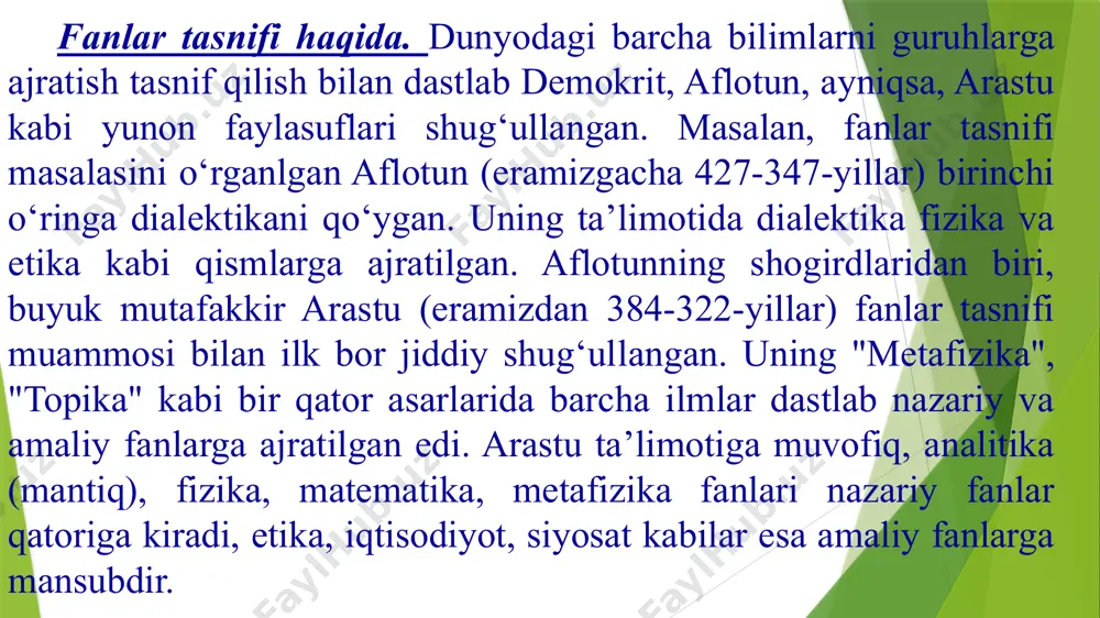 a tibbiyot. 9. tarix va dinshunoslik (teologiya). abu abdulloh muhammad ibn axmad ibn yusuf al-xorazmiy ham shu davrning yirik qomusiy olimlaridan biri edi. abu abdulloh xorazmiyning yoshligi xiva, zamaxshar va qiyot shaharlarida o‘tgan. u biroz muddat hurosonda ham yashagan. nishopurda vazir abo‘l hasan al utbiy (977-982)ga kotiblik qilgan. olim 997-yilda vafot etgan. abu abdulloh al-xorazmiyning bizgacha yetib kelgan yagona mashhur asari arab tilida yozilgan "mafotix al-ulum" ("fanlar kaliti") nomli qomusiy risolasidir. i. yu. krachkovskiyning ta'kidlashicha, bu asar 976- 991-yillar orasida yaratilgan. abu abdulloh al-xorazmiy o‘z risolasida fanlarni dastlab ikki katta qismga ajratadi: 1. an’anaviy "arab" fanlari va o‘rta asr gumanitar bilimlari. bu qism olti guruh va ellik ikki bob (fasl)ga bo‘lingan: 1. fikx – o‘n bir bobdan iborat. 2. qalam - yetti bobdan iborat. 3. grammatika (nahv) - 12 bobga bo‘linadi. 4. kitobat (ish yuritish) - sakkiz bobdan iborat. 5. she’riyat va vazn nazariyasi - besh bobdan iborat. 6. tarix …