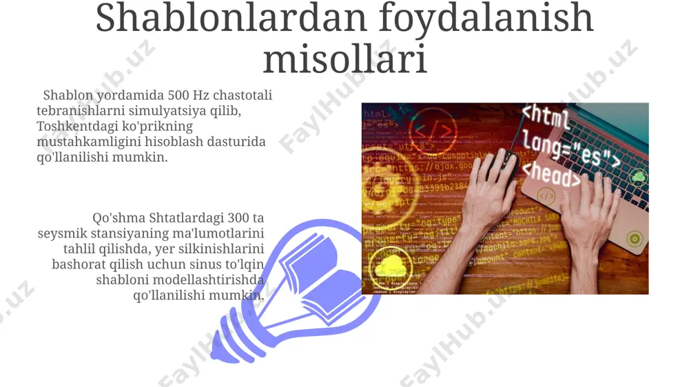 agi audio signallarni tahlil qilishda sinusoidal to'lqin shablonlari harmonik tahlil va dekonvolyutsiya algoritmlarida muhim rol o'ynaydi. murakkab sinusoidal to'lqinlarni yaratish murakkab sinusoidal to'lqinlarni 3 ga yaqin chastotali to'lqinlarni, masalan, 10 gts, 25 gts va 50 gts ni qo'shib, samarqanddagi kompyuter yordamida yaratish mumkin. furier qatori yordamida 100 dan ortiq harmonik komponentlarni qo'shish orqali, xattoki, murakkab to'lqinlarni ham, masalan, 75 hz dan 1 khz gacha bo'lgan chastotalarda, andijonda yaratish mumkin. numpy kutubxonasi bilan ishlash numpy kutubxonasidan foydalanib, 1000 ta elementdan iborat, 2π chastotaga ega sinus to'lqinini yaratish va uni toshkentdagi serverga yuklash mumkin. numpy'ning "linspace" funksiyasi orqali 0 dan 10 gacha bo'lgan oralig'da 256 ta teng masofali nuqta hosil qilib, sinus to'lqinini aniqroq hisoblash mumkin. sinusoidal to'lqin parametrlari (amplituda, chastota, fazasi) 01 02 fazasi esa to'lqinning vaqt o'qi bo'yicha siljishini aniqlaydi va radianda (0 dan 2π gacha) yoki gradusda (0 dan 360° gacha) ifodalanadi. masalan, 90 graduslik fazaviy siljish, to'lqinning 1/4 …