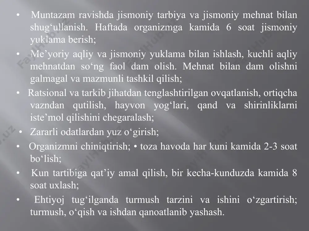 quyidagi xulosalar chiqarishingiz mumkin: biz sog'lig'imizni saqlashimiz kerakmi (buning uchun nima qilamiz?); rivojlanish, sog’ligimizni mustahkamlash (buning uchun nima qilamiz?); agar kerak bo'lsa tiklash (bu nimani anglatadi?). dars oxirida bolalar bilan suhbatdan so'ng doskaga sog'lom turmush tarzi formulasini yozishingiz mumkin: "saqlash, rivojlantirish, tiklash" va bundan kelib chiqadiki- bola o’z salomatligi uchun, yaxshi sog’lom o’sib rivojlanishi uchun nimalar qilishi kerak ekanligini anglab ola boshlaydilar. ya’ni bolalarga sog’lom turmush tarziga amal qilishni yengilroq, ertaroq tushintirishimiz uchun har xil qiziqarli tabiat hodisalari va atrofda kuzatiladigan jarayonlarga bog’lab borishimiz samarali natijalar beradi.bundan tashqari oliy pedagogik ta’lim jarayonida talabalarga sog‘lom turmush tarziga oid muayyan tibbiy va gigienik bilimlar berish, ularda sog‘lom turmush tarzini saqlashning inson tanasi takomiliga ta’siri haqidagi tushunchalarni shakllantirishga qaratilsa, ikkinchi tomondan, yoshlarda qat’iy rejim asosida gigienik qoidalarga amal qilish, o‘zi va yon-atrofdagilarning sog‘lig‘ini asrashni kundalik odatga aylantirish ko‘nikmalarini tarkib toptirish bilan bevosita aloqadordir. shuningdek, sog‘lom turmush tarzi ommaviy axborot vositalari orqali keng targ‘ib …