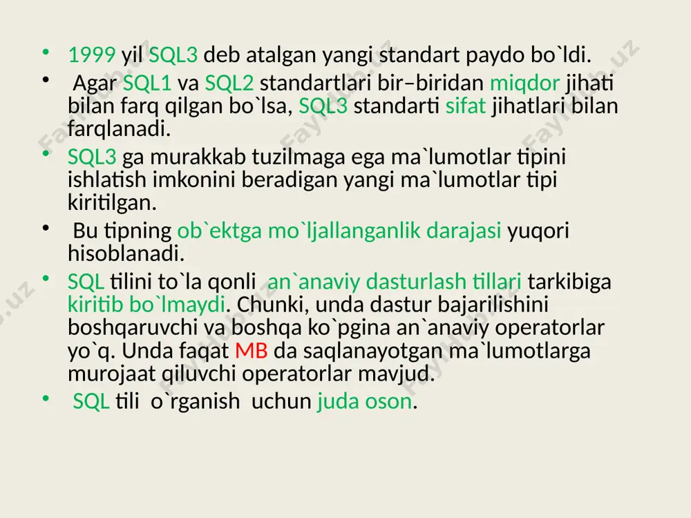 data manipulation language) operator ma`nosi amal commit tranzaktsiyani tugatish tranzaktsiyani tashkil qiluvchi, ma`lumotlarni qayta ishlovchi murakkab va o`zaro bog`langan amallarni tugatish rollback tranzaktsiyani bekor qilish tranzaktsiya bajarilishi natijasida yuz bergan o`zgarishlarni bekor qilish savepoint tarnzaktsiya bajarilishida oraliq nuqta saqlash mb ni oraliq holatini saqlash. bu keyinchalik shu holatga qaytish uchun zarur bo`ladi. operator ma`nosi amal delete satrni o`chirish fil’tr shartini qanoatlantiruvchi muvofiq bir yoki bir necha satrni o`chiradi. insert satrni qo`yish jadvalga bitta satrni qo`yish. bu operatorning boshqa modifikatsiyalarida biror jadvalning bir necha satri yoki so`rov natijasi jadvalga qo`yilishi mumkin. update satrni yangilash bitta yoki fil’tr shartini qanoatlantiruvchi bir necha ustunlaridagi bitta yoki ko`proq ustunlardagi qiymatlarni almashtirish sql operatorlarini yozish 5-jadval. dql (data query language) so`rov tili so`rov select operatori yordamida bajariladi va uning sintaksisi quyidagicha: select [all/distinct] /* from [where ] [order by ] [group by ] [having ] [union ] operator ma`nosi amal select satrni tanlash relyatsion algebraning …