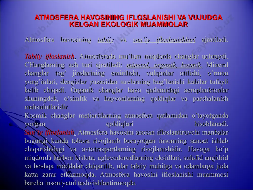 roqning namligi, aerasiyasi, tuproq haroratining o’zgarishi kabilar unda yashovchi organizmlarning tarqalishida muhim ahamiyatga ega.tuproqdagi organizmlar har xil o’lchamga ega va turli muhit hosil qiladi. shuning uchun tuproqda tarqalgan o’simlik va hayvonlar o’lchamiga qarab, ya’ni kichik o’lchamdagilar mikroflora va mikrofauna (0,002-0,2 mm), o’rtacha kattalikdagi mezofauna (0,2-2,0 mm), makrofauna (2-20 mm) hamda megafauna (20-200 mm) kabi guruhlarga ajratiladi. tuproq mikroflorasini tashkil etish bakteriyalar, aktinomisetlar, zamburug’lar va suvo’tlari ishtirok etadi. xivchinlilar, yolg’on oyoqlila, infuzoriyalar va boshqalar tuproq mikrofaunasi hisoblanadi. ular tuproq zarrachalari yuzasidan suv bilan to’lgan bo’shliqlarda yashaydi. tuproqning ifloslanishi va uning tirik organizmlarga ta’siri tuproqning ifloslanishi, qishloq xo’jaligi ekinlariga me’yoridan ortiq mineral o’g’itlar berilishi hamda pestisidlardan noto’g’ri foydalanish tufayli kelib chiqadi. pestisidlar barqaror moddalar hisoblanib, tuproqda ko’proq to’planadi va tuproq organizmlarini nobud bo’lishiga olib keladi.bundan tashqari tuproq yoqilg’i-surkov moylarini saqlash va tashishda, neft qazish va qidiruv ishlari, maishiy xo’jalik chiqindilari, sanoat chiqindilari bilan ham ifloslanadi va uning xususiyatini o’zgartiradi. natijada tuproqdagi o’simlik …
