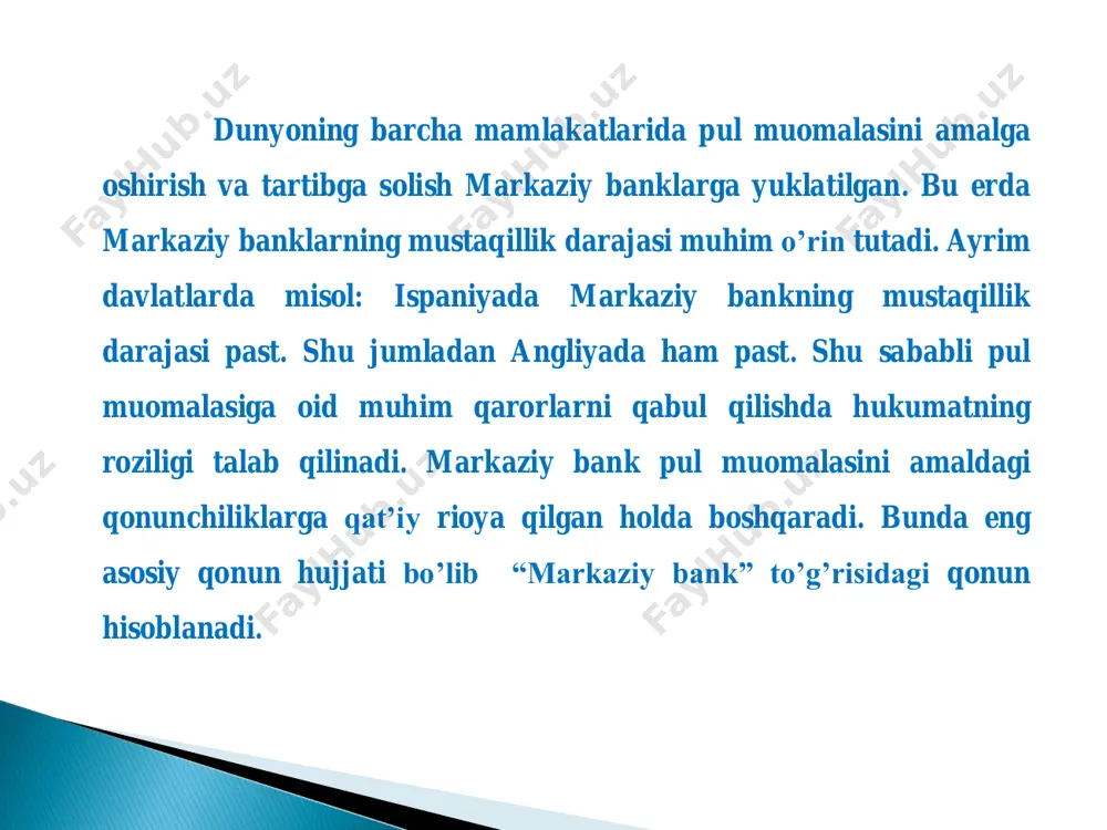 mablag‘larni o‘z ichiga oladi; m2 agregati - m1 agregati va tijorat banklaridagi muddatli va jamg‘arma qo‘yilmalaridan (to‘rt yilgacha) tarkib topgan; m3 agregati - o‘z ichiga m2 agregati va ixtisoslashgan kredit muassasalaridagi jamg‘arma qo‘yilmalarini kiritgan; m4 agregati - m3 agregati hamda yillik tijoriy banklarining depozitli sertifikatlaridan iborat. o‘zbekistonda pul massasi qo‘yidagi pul agregatlaridan iborat: м0 • muomaladagi naqd pullar м1 • m0+ tijorat banklaridagi talab qilib olinadigan va joriy hisobvaraqlardagi qoldiqlar м2 • m1+ tijorat banklaridagi muddatli depozitlar va jamg‘armalar м3 • m2+tijorat banklari depozit sertifikatlari, obligatsiyalar, davlat zayom obligatsiyalari, xazina majburiyatlari rossiya federatsiyada muomaladagi jami pul massasi hisob-kitobi uchun quyidagi pul agregatlari qo‘llaniladi. mo agregati - naqd pullar; m1 agregati - mo agregati va hisob-kitob, joriy va boshqa schyotlar (maxsus schyotlar, kapital qo‘yilmalar schyotlari, akkreditiv va chek schyotlari, mahalliy byudjet schyotlari, kasaba, uyushmalari jamoat va boshqa tashkilotlarning schyotlari, davlat sug‘urta mablag‘lari, uzoq muddatga kreditlash fondi)dagi mablag‘lar tijorat banklariga qo‘yilmalar va …