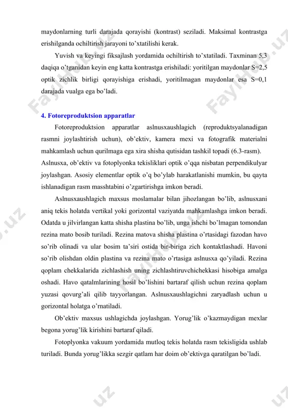 chun sinov tariqasida kulrang test shkalasi eksponirlanadi. fotoreproduktsion apparatlarning konstruksiyasi. fotoreproduktsion apparatlar optik o’qning joylashuviga muvofiq gorizontal, vertikal va ixcham bo’lishi mumkin (6.4-rasm). yoritgichlar plyonkaushlagichharakatlanadi harakatlanadi kamera mexi yo’naltiruvchi relsli asos aslnusxa ob’ektiv shaffof va noshaffof aslnusxalar uchun aslnusxaushlagich yorug’lik filtri fotoplyonka 6.3-rasm. fotoreproduktsion apparatning shakli gorizontal apparatlarda masshtabni belgilashning asosiy elementlari gorizontalga perpendikulyar bo’lgan tekislikda joylashtirilgan (6.3-rasm). bu fotoreproduksion apparatlar katta o’lchamli ishlarni bajarish uchun mo’ljallangan. ularda fokus masofasi katta bo’lgan ob’ektivlardan foydalanilib, u tufayli negativda aslnusxa aniq hosil qilinadi. ushbu fotoreproduktsion apparatlar mustahkam, og’ir korpusga ega bo’lib, u maxus polda o’rnatiladi (apparatning tebranishini bartaraf qilish uchun). ixcham apparatlar har doim vertikal optik o’qqa ega bo’lgan. apparatning balandligi chegaralangan (xizmat ko’rsatishni qulaylashtirish maqsadida), suratlarning talab qilinadigan masshtabi odatda 20 dan 300% gacha intervalda bo’lganligi tufayli ularda fokus masofasi katta bo’lmagan keng formatli ob’ektivlardan foydala-niladi. vertikal fotoreproduktsion apparatlar optik tizimga tekis ko’zgu qo’shilganligi tufayli fotoplyonka vertikal o’rnatilganda aslnusxani gorizontal holatda …