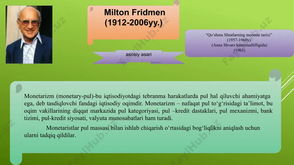davlat bozor xo‘jaligiga aralashuvi zarur. ish bilan bandlik yalpi talabga bog‘liq. pul massasi ishlab chiqarishga nisbatan xolis (yomon ham, yaxshi ham) ta’sir etmaydi. asosiy muammo – ishsizlik. o‘zgaruvchan pul siyosati lozim. byudjet kamomadi talabni rag‘batlantirish vositasidir. keynschilik-iqtisodiy o‘sish nazariyasi. fridmen bozor o‘zini o‘zi boshqarishga qodir. iqtisodiyot o‘zi ishlab chiqarish va ish bilan bandlik darajasini o‘rnatadi pul massasi baholarning o‘sishi va kon’yunkturaning o‘zgarishi sababchisidir. asosiy muammo – inflyatsiya. barqaror pul siyosati zarur. byudjet kamomadi-inflyatsiya sababchisi. monetarizm iqtisodiy muvozanat nazariyasidir. monetarizm ham, keynschilik ham iqtisodiyotni tartibga solish zarurligidan kelib chiqadi. ularning nazariy tavsiyalari muayyan bir davrda qo‘l kelsa, boshqa davrda ish bermaydi. shu bois, iqtisodiy vaziyat va sharoitlarga qarab, ulardan foydalanish maqsadga muvofiqdir. urf-odat ko‘rsatma muassasa «instituto» institutisionalizm namoyondalarining fikricha – institutlar jamiyat rivojlanishining asosiy harakatlantiruvchi kuchi bo‘lib xizmat qiladilar. bunda ijtimoiy hodisalar, masalan oila, davlat, monopoliya, kasaba uyushmalari va boshqalar, ya’ni jamoat ruhining namoyon bo‘lish shakllari, xalqning ma’lum guruhlari uchun odatiy, …