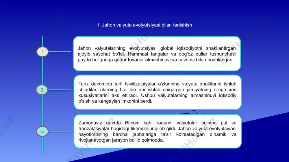 shug'ullanuvchi shaxslar va korxonalar uchun juda muhimdir. ushbu omillardan xabardor bo'lish valyuta ayirboshlash va investitsiyalar bilan bog'liq ongli qarorlar qabul qilishga yordam beradi. 4. oltinning valyutalarni shakllantirishdagi roli oltin tarix davomida jahon valyutalarini shakllantirishda muhim rol o'ynagan va savdo va qiymat almashinuvi uchun standart bo'lib xizmat qilgan. uning ichki qiymati va cheklangan taklifi uni hukumatlar va shaxslar uchun afzal qilingan aktivga aylantirib, pul tizimining rivojlanishiga ta'sir ko'rsatdi. zamonaviy valyutalar oltin standartidan uzoqlashgan bo'lsa ham, oltinning moliyaviy bozorlar va jahon iqtisodiyotini shakllantirishdagi tarixiy ahamiyati inkor etilmaydi. 5. asosiy jahon valyutalarining ko'tarilishi va tushishi jahon valyuta evolyutsiyasi davrida asosiy valyutalar ham yuqori, ham past darajalarni boshdan kechirdi. ushbu valyutalarning ko'tarilishi va tushishiga turli iqtisodiy va geosiyosiy omillar ta'sir ko'rsatdi. masalan, aqsh dollari foiz stavkalarining o'zgarishi, iqtisodiy o'sish va siyosiy barqarorlik tufayli kuchli va zaif davrlarga ega bo'ldi. xuddi shunday, evro evrozona voqealari va global bozor tendentsiyalari asosida qiymatning o'zgarishiga guvoh bo'ldi. yapon …