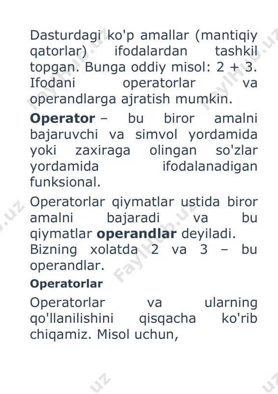 oldiqsiz butun qismini qaytaradi. 4 // 3 ifoda 1 ni qaytaradi. % qoldiqlik bo'lish bo'lishdan hosil bo'lgan qoldiqni qaytaradi. 8 % 3 ifoda 2 ni beradi. -25.5 % 2.25 ifoda 1.5 ni beradi. > o'ngga surish bit sonni o'ngga ko'rsatilgan miqdorda suradi. 11 >> 1 ifoda 5 ni beradi. ikkilik sanoq sistemasida 11 soni 1011 ko'rinishida bo'ladi uni 1 bit o'ngga sursak 101 hosil bo'ladi va bu onlik sanoq tizimida 5 ni beradi. & 'va' bit operatori (побитовое и) sonlar ustida 'va' bit operatsiyasini bajaradi. 5 & 3 ifoda 1 ni beradi | 'yoki' bit operatori (побитовое или) sonlar ustida 'yoki' bit operatsiyasini bajaradi. 5 | 3 ifoda 7 ni beradi ^ 'shartlik yoki' bit operatori (побитовое исключительно или) sonlar ustida 'shartlik yoki' bit operatsiyasini bajaradi. 5 ^ 3 ifoda 6 ni beradi ~ 'emas' bit operatori побитовое не 'emas' bit operatsiyasi x soni uchun -(x+1) ga to'g'ri keladi. ~5 …