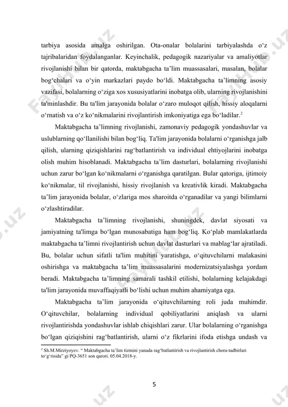 ivojlanishi, shuningdek, davlat siyosati va jamiyatning ta'limga bo‘lgan munosabatiga ham bog‘liq. ko‘plab mamlakatlarda maktabgacha ta’limni rivojlantirish uchun davlat dasturlari va mablag‘lar ajratiladi. bu, bolalar uchun sifatli ta'lim muhitini yaratishga, o‘qituvchilarni malakasini oshirishga va maktabgacha ta’lim muassasalarini modernizatsiyalashga yordam beradi. maktabgacha ta’limning samarali tashkil etilishi, bolalarning kelajakdagi ta'lim jarayonida muvaffaqiyatli bo‘lishi uchun muhim ahamiyatga ega. maktabgacha ta’lim jarayonida o‘qituvchilarning roli juda muhimdir. o‘qituvchilar, bolalarning individual qobiliyatlarini aniqlash va ularni rivojlantirishda yondashuvlar ishlab chiqishlari zarur. ular bolalarning o‘rganishga bo‘lgan qiziqishini rag‘batlantirish, ularni o‘z fikrlarini ifoda etishga undash va ijtimoiy ko‘nikmalarini rivojlantirishda yordam berishlari kerak. o‘qituvchilar, shuningdek, bolalar bilan samarali muloqot qilish va ularning hissiy ehtiyojlarini inobatga olishda malakali bo‘lishlari zarur. shu bilan birga, ota-onalar bilan hamkorlik, bolalar tarbiyasida muhim ahamiyatga ega. ota-onalar va o‘qituvchilar o‘rtasidagi samarali muloqot, bolalarning rivojlanishini qo‘llab-quvvatlashga xizmat qiladi.maktabgacha ta’limda o‘yin muhim o‘rin tutadi. o‘yin, bolalar uchun o‘rganishning eng samarali usuli hisoblanadi, chunki u ularga qiziqarli va interaktiv muhitda …