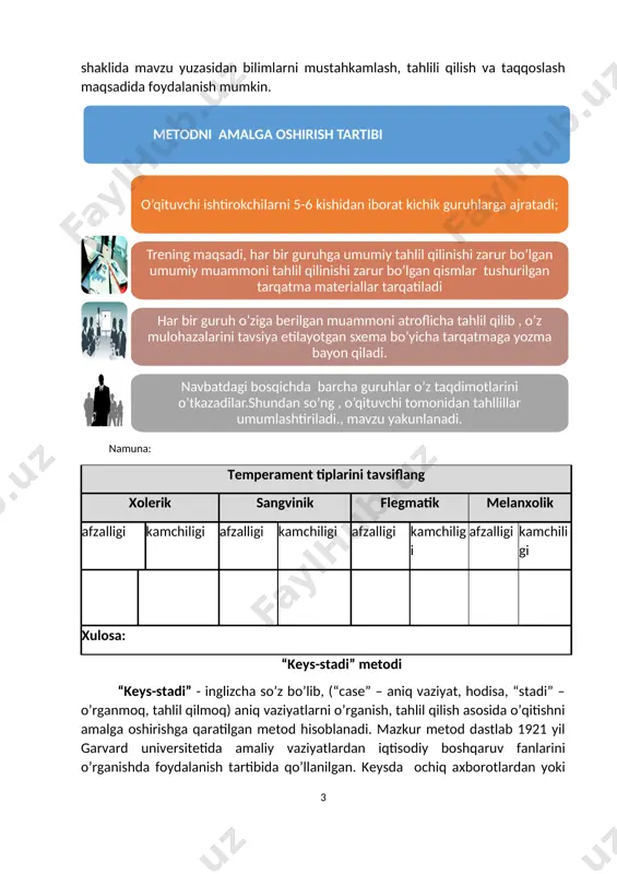 qatnashchilarga mavzuga oid bo’lgan yakuniy xulosa yoki g’oya taklif etiladi; 18. har bir ishtirokchiga fsmu metodining bosqichlari yozilgan qog’ozlar tarqatiladi: 19. ishtirokchilarning munosabatlari individual yoki guruhiy tartibda taqdimot qilinadi. fsmu tahlili qatnashchilarda kasbiy-nazariy bilimlarni amaliy mashqlar va mavjud tajribalar asosida tezroq va muvaffaqiyatli o’zlashtirilishiga asos bo’ladi. namuna. fikr: “interoretseptiv va proprioretseptiv sezgilar o’rtasidagi aloqadorlik” topshiriq: mazkur fikrga nisbatan munosabatingizni fsmu orqali tahlil qiling. “assesment” metodi metodning maqsadi: mazkur metod tahlim oluvchilarning bilim darajasini baholash, nazorat qilish, o’zlashtirish ko’rsatkichi va amaliy ko’nikmalarini tekshirishga yo’naltirilgan. mazkur texnika orqali tahlim oluvchilarning bilish faoliyati turli yo’nalishlar (test, amaliy ko’nikmalar, muammoli vaziyatlar mashqi, qiyosiy tahlil) bo’yicha tashhis qilinadi va baholanadi. metodni amalga oshirish tartibi: “assesment”lardan ma’ruza mashg’ulotlarida tinglovchi yoki qatnashchilarning mavjud bilim darajasini o’rganishda, yangi mahlumotlarni bayon qilishda, seminar, amaliy mashg’ulotlarda esa mavzu yoki mahlumotlarni o’zlashtirish darajasini baholash, shuningdek, o’z-o’zini baholash maqsadida individual shaklda foydalanish tavsiya etiladi. shuningdek, pedagogning ijodiy yondashuvi hamda o’quv maqsadlaridan kelib …