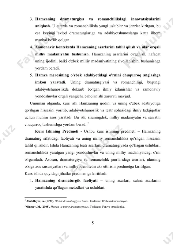 omanchilikdagi asarlari – hamzaning romanchilikda yaratgan yangi uslublari, milliy motivlar, xalq hayoti va tarixiy qadriyatlar aks etgan asarlar. 3. hamzaning dramaturgiya va romanchilikdagi o'ziga xos metodlari – ularning o'zgarishi, rivojlanishi va xalq teatriga ta'siri. 4. hamzaning ijodining madaniy ta'siri – uning asarlarining teatr san'ati, adabiyot va umumiy madaniyatga bo'lgan ta'siri. kurs ishida hamzaning ijodi va uning dramaturgiyasidagi o'ziga xos jihatlar, uning o'zbek adabiyotidagi o'rni va hozirgi zamondagi ahamiyati o'rganiladi. kurs ishining maqsadi - ushbu kurs ishining maqsadi – hamzaning dramaturg sifatidagi faoliyatini va uning milliy romanchilikka qo'shgan hissasini chuqur o'rganish orqali o'zbek adabiyotining rivojlanishidagi ahamiyatini aniqlashdir. asosiy maqsad, hamzaning asarlarini tahlil qilish orqali uning dramaturgiyasi va romanchilikda qo'llagan uslublari, innovatsiyalari va xalq hayotini aks ettirgan motivlarini yoritishdir. kurs ishining maqsadlariga quyidagilar kiradi: 1. hamzaning dramaturgik faoliyatini o'rganish – uning teatr asarlaridagi uslub, mavzular, xarakterlar va dramatik konstruksiyalarni tahlil qilish. 2. hamzaning milliy romanchilikdagi o'rnini aniqlash – romanchilik janrida uning yaratgan …