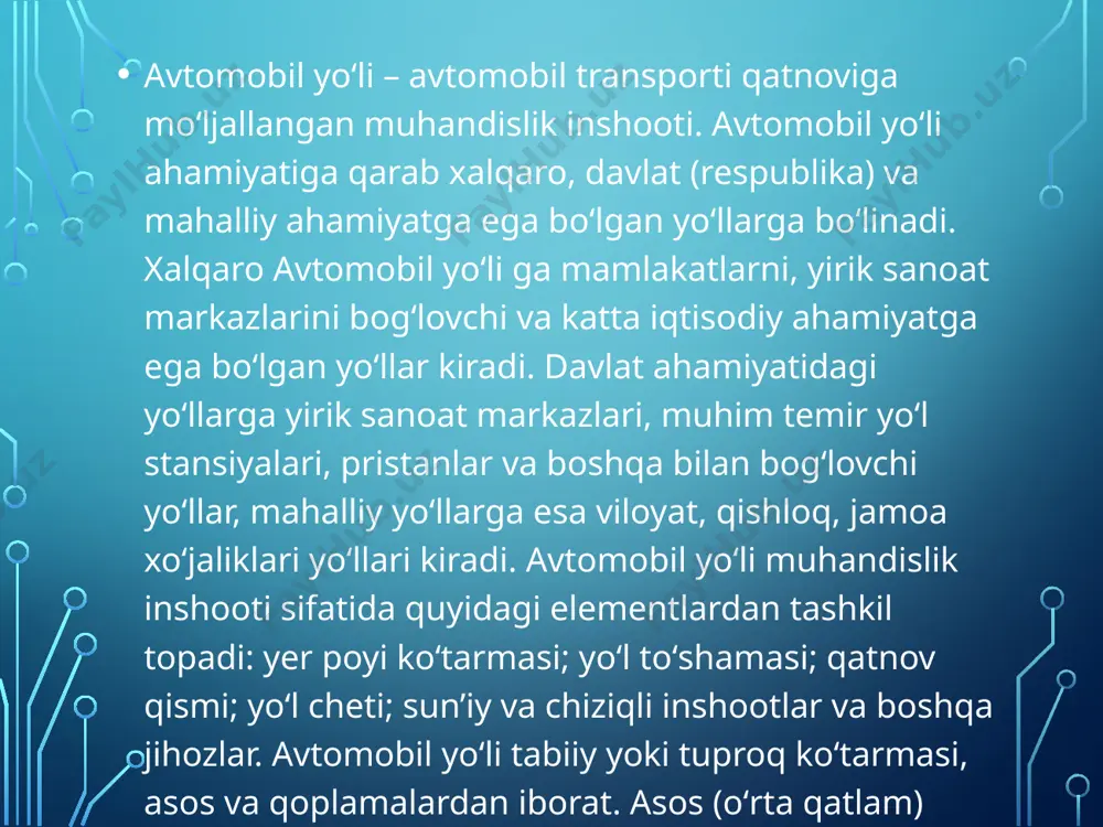 atkichlar, himoya vositalari va transport oqimini boshqarish qurilmalari oʻrnatiladi. shuningdek, avtomobil yoʻlida texnika xizmati koʻrsatuvchi stansiyalar, yonilgʻi stansiyalari va boshqa joylashadi.jahon standartlari boʻyicha avtomobil yoʻlilari mamlakat umumiy transport tarmogʻidagi ahamiyati va hisobiy harakat jadalli-giga koʻra besh toifaga boʻlinadi. eng yuqori (i) toifadagi avtomobil yoʻlida har ikkala yoʻnalishda oʻrtacha sutkalik harakat jadalligi 7000 dan koʻproq avtomobilga, hisobiy tezlik 150 km/so-atga, eng past toifadagi yoʻlda harakat jadalligi sutkasiga 100 ga yaqin avtomobilga va hisobiy tezlik 60 km/so-atga moʻljallanadi. xalq xoʻjaligida avtomagistrallarning ahamiyati katta. jahondagi avtomobil yoʻlilarining umumiy uz. 20,8 mln. km (qattiq qoplamalilari 14 mln. km dan ortiq, 1990). qattiq qoplamali avtomobil yoʻli uzunligi (ming km) aqshda 6243 (1986), buyuk britaniyada 356, fransiyada 741, germaniyada 496, yaponiyada 782, hindistonda 759 (1990). 20-asr boshida oʻzbekistonda 27 ming km yoʻl boʻlib, asosan ot-arava, karvon va yoʻlovchilarga moʻljallangan, shundan faqat 2 ming km ga shagʻal yotqizilgan edi. 1920-yilga qadar yoʻl ishlari bilan munta-zam shugʻullanadigan davlat …