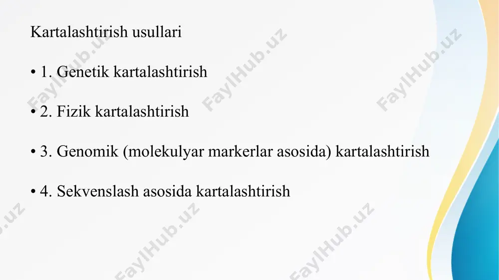 : genlar bog'langan holda irsiylanishini birinchi bo'lib william bateson va reginald punnett kuzatgan. • 1911-yil: thomas hunt morgan birinchi genetik xaritani tuzgan (mevali pashsha - drosophila ustida tajriba). • 1980-1990-yillar: molekulyar markerlar asosidagi xaritalar paydo bo'ldi. • 2003-yil: inson genomining to'liq kartasi (human genome project) yakunlandi. genetik kartalarning turlari 1. linkage map - genetik bog'liqlik asosida 2. physical map - bazalar soniga asoslangan aniq xarita 3. cytogenetic map xromosomalarni mikroskop orqali o'rganish 4. comparative map - turli organizmlarning genetik xaritalarini taqqoslash kartalashtirishdagi texnologiyalar • pcr (polymerase chain reaction) - dnk ni ko'paytirish uchun • electrophoresis - dnk fragmentlarini ajratish uchun • microarray - minglab genlarni bir vaqtning o'zida tahlil qilish • bioinformatika - genom ma'lumotlarini kompyuter orqali tahlil qilish amaliy qo'llanishi • tibbiyotda: irsi kasalliklar (masalan, gemofiliya, kistofibroz) sababini aniqlash • qishloq xoʻjaligida: yuqori hosilli, kasallikka chidamli navlar yaratish • populyatsion genetika: aholi orasidagi genetik farqlarni o'rganish • kriminalistika: dnk …