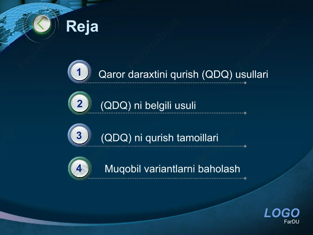 sullari agar qaram o'zgaruvchi doimiy qiymatlarni qabul qilsa, u holda qdq usuli ushbu o'zgaruvchining mustaqil o'zgaruvchilarga bog'liqligini o'rnatadi. bu bashorat qilish muammolarini hal qiladi. www.themegallery.com logo (qdq) ni belgili usuli www.themegallery.com logo www.themegallery.com cycle diagram text text text text cycle name add your text text logo www.themegallery.com diagram text text text add your title text text 1 text 2 text 3 text 4 text 5 add your title text text 1 text 2 text 3 text 4 text 5 text text logo www.themegallery.com diagram concept add your text text text text text text text logo www.themegallery.com diagram add your text add your text add your text add your text add your text add your text add your text add your text logo www.themegallery.com diagram add your text add your text add your text add your title logo www.themegallery.com diagram add your text add your text add your text text text …