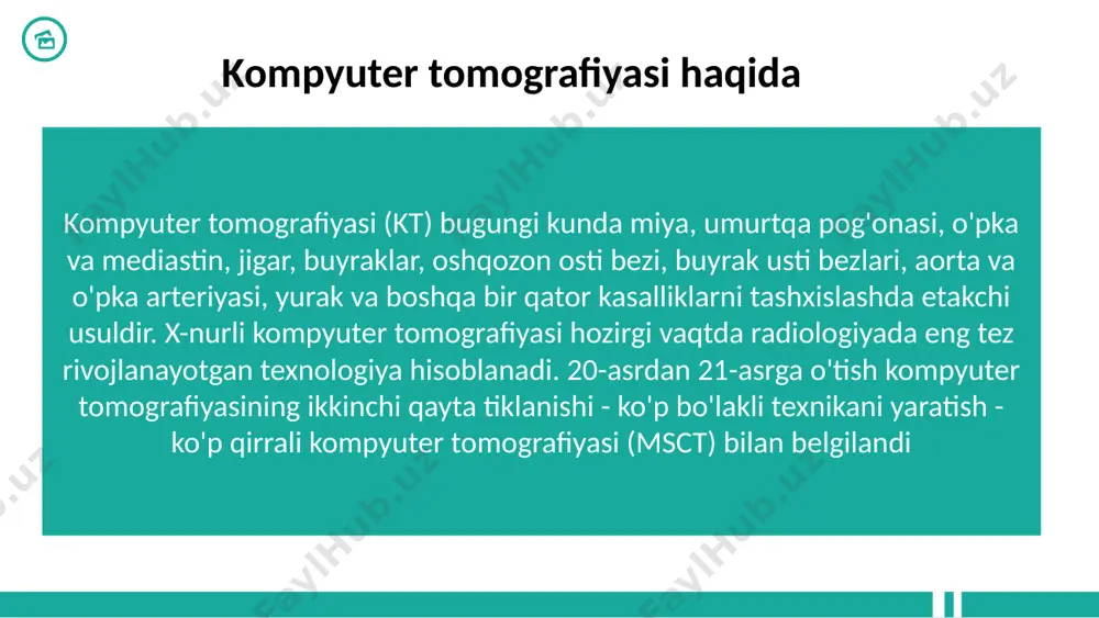 irusi borligiga shubha bo'lsa, buyuriladi. kasallikning yanada og'ir kechishini oldini olish uchun darhol davolanishni boshlang. foydalanilgan adabiyotlar 1.https://en.medicina.ru/diagnosis-and-treatment/diagnostics/multislice-computer computer 2.https://med24.uz/uz/article/multispiralnaya-kompyuternaya-tomografiya image1.jpeg image2.png image3.jpeg image4.jpeg image5.jpeg image6.jpeg image7.jpeg image8.jpeg image9.jpeg image10.jpeg image11.jpeg