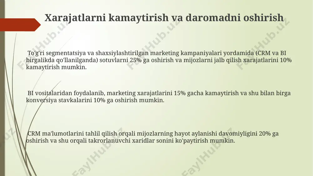 an samarali ishlash imkoniyatini beradi, bu esa biznes daromadini oshiradi. real vaqt rejimida tahlil qilish imkoniyati crm jarayonlarini 30% tezlashtirib, savdo aylanishini 10% ga qisqartiradi va shuningdek, xodimlar ish samaradorligini oshiradi. xavflarni boshqarish xavf darajasi baland bo'lgan mijozlarni aniqlash va ularga 30% tezroq reaksiya berish uchun crm tizimlaridan foydalanish biznesning barqarorligini ta'minlashda muhim rol o'ynaydi. samarali xavflarni boshqarish strategiyasi crm ma'lumotlarini tahlil qilish orqali 20% gacha prognozlash aniqligini oshiradi va reaktiv strategiyaga qaraganda proaktiv choralar ko'rish imkonini beradi. xavflarni boshqarish crm tizimlari orqali 10% gacha operatsion xarajatlarni kamaytirishga, shuningdek, potentsial yo'qotishlarning 5% gacha oldini olishga yordam beradi. savdo jarayonlarini optimallashtirish savdo jarayonlarini avtomatlashtirish orqali, xatoliklar sonini 30% ga kamaytirish va ish samaradorligini 25% ga oshirishga erishish mumkin. bi vositalari yordamida savdo jarayonlarini tahlil qilish orqali, 15% gacha bo'lgan xarajatlarni kamaytirish va 20% gacha sotuvlarni oshirish mumkin. crm ma'lumotlarini bi bilan integratsiyalash orqali mijozlarning xatti-harakatlarini chuqur tahlil qilish imkoniyati yaratilib, konversiya …
