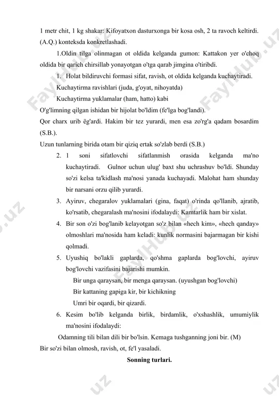 ini, sanog'ini, sonini anglatadi. sanoq sonlar predmetlarni donalab, taqsimlab, jamlab, taxmin-chamalab ko'rsatadi. sanoq sonlar quyidagi turlarga bo'linadi. 1. miqdor sonlar bir turdagi predmetlarning umumiy miqdorini bildiradi: besh, yuz, ming. miqdor sonlar hisob so'zlari bilan qo'llanadi. ular ot turkumiga mansab so'zlardir. hisob so'zlari quyidagi o'lchov birliklarini bildiradi: 1. donalikda: dona, tup, bosh, tuyoq. 2. butunning bo'lagini: tilim, chimdim, lagan, savat, qop. 3. juft predmetlarni: juft, jo'ra, pora. 4. og'irlikni: gramm, kilogramm, pud, sentner, tonna; 5. uzunlikni: m, mm, km, qadam, qarich, odim, enli; 6. suyuqlikni; litr, stakan, kosa, xovuch, ho'plam; 7. pul qiymatini: so'm, tiyin, tanga; 8. yosh o'lchovini; yosh, kunlik, oylik; 9. vaqtni; asr, yil, daqiqa, xafta, sutka, kun. 2. dona son. bir xildagi predmetlarning yakkalab, donalab sanaladigan umumiy miqdorini bildiradi. 2 usul bilan hosil bo'ladi: 1) morfologik usul: miqdor songa- ta qo'shimchasini qo'shib; 2) sintaktik usul: miqdor sondan so'ng donalikni bildiradigan hisob so'zlarni keltirib. 3. chama son. predmetning taxminiy …