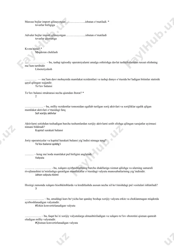 igan bitimlar statistik qayd qilingan xujjatdir. tо‘lov balansi tо‘lov balansi struktarasi necha qismdan iborat? * 2 ………………. – bu, milliy rezidentlar tomonidan egallab turilgan xorij aktivlari va xorijliklar egalik qilgan mamlakat aktivlari о‘rtasidagi farq sof xorijiy aktivlar aktivlarni sotishdan tushadigan barcha tushumlardan xorijiy aktivlarni sotib olishga qilingan xarajatlar ayirmasi nimani bildiradi? kapital xarakati balansi joriy operatsiyalar va kapital harakati balansi yig’indisi nimaga teng? tо‘lov balansi qoldig‘i ……… – keng ma’noda mamlakat pul birligini anglatadi. valyuta ………. …………….. - bu, xalqaro ayirboshlashning barcha shakllariga xizmat qilishga va ularning samarali rivojlanashini ta’minlashga qaratilgan mamlakatlar о‘rtasidagi valyuta munosabatlarining yig‘indisidir. jahon valyuta tizimi hozirgi zamonda xalqaro hisobkitoblarda va kreditlashda asosan necha xil kо‘rinishdagi pul vositalari ishlatiladi? 3 ……………….. – bu, amaldagi kurs bо‘yicha har qanday boshqa xorijiy valyuta erkin va cheklanmagan miqdorda ayirboshlanadigan valyutadir. #erkin konvertirlanadigan valyuta …………….. – bu, faqat ba’zi xorijiy valyutalarga almashtiriladigan va xalqaro tо‘lov oborotini qisman qamrab oladigan milliy valyutadir. …