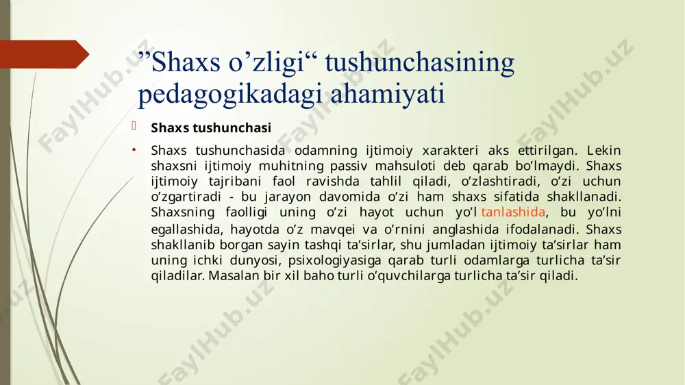 o„z kuchi va iqtidoriga ishonchini orttirish. o’quvchiga atrofdagilarning har biri o„zi kabi ekanligini anglatish, unda jamoaga aloqadorlik hissini rivojlantirish. 5. o’quvchining hurmati va ishonchini qozonish, o’ziga ham shaxs nuqtai nazaridan qarash. kasb-hunar kollejining o„quvchi shaxsiga yo„naltirilgan ta‟limni amalga oshirish faoliyatida bolalarning kognitiv (aqliy), kommunikativ (nutq-muloqotchanlik), ijitmoiy-hissiy va jismoniy-motor rivojlanishiga sharoit yaratilishini ta‟minlash juda muhimdir. shaxsga yo’naltirilgan ta’lim kasb-hunar kolleji ta‟lim jarayonida o„quvchi shaxsiga yo„naltirigan ta‟limni amalga oshirish imkonini beruvchi ba‟zi noan‟anaviy dars mashg„ulotlaridan misollar keltiramiz:  sho‘ng‘ish darsi – ma‟lum bilimlarni egallash uchun qulay muhitda bo„lish yoki shunday muhit yaratish orqali mavzuni faol o„rganish mashqlaridan iborat.  musobaqa darsi – o„quvchilarning o„zaro musobaqalashuvini tashkil etish orqali bilimlarni mustahkamlash mashqlari. maslahat darsi – dars jarayonida o„quvchilarning o„zaro hamda o„qituvchining maslahatlarini tashkil etish orqali darsni o„zlashtirish mashqi.  ijod darsi – o„quvchilarning mustaqil ijod etishlarini tashkil etish darsi.  sinov darsi – o„quvchilarning o„zlashtirishini turli shakllarda sinash tashkil qilinadigan dars.  shubha …