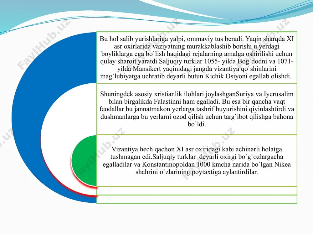 ing kuchlarini yig`a boshladilar va hujumga o`tishdi. 1144- yilda amir mosula salibchilardan edessani tortib oldi. antioxiyaga tahdid sola boshladi. papa yangi salib yurishlariga chaqirdi. katolik cherkovining mashhur arbobi mistik bernard klervosskiy fransuz qiroli lyudovik vii va germaniya qiroli konrad iii ni 1147-yilda ikkinchi salib yurishlariga jo`nab ketishiga ko`ndirdi. faqatgina bu safarda salibchilar hech qanday muvaffaqiyatga erisha olmadilar. nemislar kichik osiyoda turk saljuqlari tomonidan yakson qilindi. hammasi bo`libsakkiz marta salib yurishlari bo`lib o`tdi. beshinchi yurish (1217-1221) ning shunisi qiziqki, uning tashkilotchilari dastlab falastinda urush harakatlarini olib boradilar, keyin ular bu urush harakatlarini misrga ko`chirdilar va muvaffaqiyatsizlikka uchradilar. falastinda urush harakatlari olib borilgan dastlabki bosqichda vengriya qiroli andrey ii katta rol o`ynadi. oltinchi yurish (1228 – 1229 yillar) fridrix i barbarossaning nevarasi –fridrix ii shtaufenning sharqqa qilgan yurishi edi. ammo bu safar ham biror bir arzigulik keng urush harakatlari olib borilgani yo`q. fridrix ii kuch ishlatib emas, balki ko`proq diplomatik yo`l bilan …