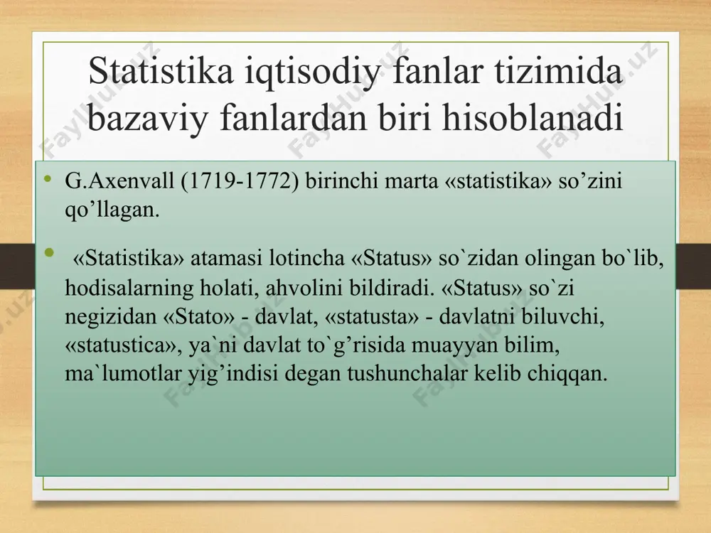 isodiyot va statistika vazirligini qayta tashkil etish to’g’risisda”gi farmoniga ko’ra makroiqtisodiyot va statistika vazirligi tugatilib, uning asosida o’zbekiston respublikasi iqtisodiyot vazirligi va o’zbekiston respublikasi davlat statistika qo’mitasi tashkil qilindi 2002 yilning 12 dekabrida o’zbekiston respublikasi oliy majlisi tomonidan “davlat statistikasi to’g’risida”gi qonun qabul qilingan ushbu qonunga 2005 yil 20 dekabrida, 2010 yil 3 sentyabrida va 2012 yil 3 yanvarida tegishli o’zgartirishlar kiritilgan statistitka metodologiyasining hozirgi davrdagi rivoji quyidagi yo’nalishlarda sodir bo’lmoqda iqtisodiyot holati va rivojlanish istiqbollariga statistik xarakteristika berish milliy hisoblar tizimi (mht) metodologiyasini rivojlantirish tarmoqlar va mintaqalarning ijtimoiy-iqtisodiy rivojlanish darajalari bo’yicha farqlanishlarini va omillar ta’sirini o’rganish metodologiyasini takomillashtirish xalqaro va mintaqalararo taqqoslashlar metodologiyasini rivojlantirish 28 e’tiboringiz uchun tashakkur !!! image7.png image8.png image9.png image10.png image11.png image12.png image13.png image14.png image15.png image16.png image17.png image18.png image19.png image20.png image21.png image22.png image3.png image4.png /docprops/thumbnail.jpeg