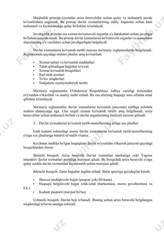 ochiqlik va shaffoflik prinsipi xizmat ko'rsatish tartibi, muddatlari va boshqa shartlar to'g'risidagi ma'lumotlar oshkor qilinishini nazarda tutadi. bu prinsip davlat xizmatlari haqidagi barcha ma'lumotlar ariza beruvchilar uchun ochiq va tushunarli bo'lishini ta'minlaydi. qulaylik prinsipi ariza beruvchilar uchun qulay shart-sharoitlar yaratilishi, ortiqcha ovvoragarchiliklarga yo'l qo'yilmasligini anglatadi. ya'ni, davlat xizmatlaridan foydalanish imkon qadar oson va qulay bo'lishi kerak. tezkorlik prinsipi xizmatlar belgilangan muddatlarda, kechiktirmasdan ko'rsatilishini ta'minlaydi. bu prinsip davlat xizmatlarining o'z vaqtida va samarali ko'rsatilishiga xizmat qiladi. sifatlilik prinsipi xizmatlar yuqori sifatda, professional darajada ko'rsatilishini nazarda tutadi. davlat xizmatlari ko'rsatishda sifat mezonlariga rioya qilish juda muhimdir. maqbullik prinsipi xizmatlar ariza beruvchilar uchun qulay va tushunarli tarzda ko'rsatilishini anglatadi. bu prinsip davlat xizmatlarining oddiy fuqarolar uchun ham tushunarli va foydalanishga qulay bo'lishini ta'minlaydi. javobgarlik prinsipi esa xizmat ko'rsatuvchi organlar o'z harakatlari uchun javobgar bo'lishini nazarda tutadi. bu prinsip davlat xizmatlarini ko'rsatuvchi organlar va mansabdor shaxslarning o'z vazifalari uchun javobgarligini belgilaydi. davlat xizmatlarini ko'rsatish …
