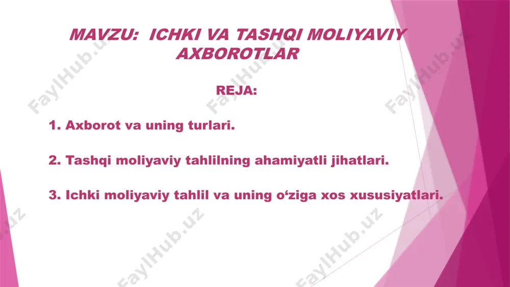 risidagi 11-moddasi buxgalteriya hisobi va hisobotini buxgalteriya hisobi subyektining rahbari amalga oshirishi qayd etiladi hamda buxgalteriya hisobi subyektining rahbari qanday huquqdarga ega ekanligi tarkiblanadi. ushbu huquqlar qatorida: buxgalteriya hisobi xizmatining rahbari boshchiligida buxgalteriya hisobi xizmatini tashkil etish yoki shartnoma asosida jalb qilingan buxgalter xizmatidan foydalanish; buxgalteriya hisobini yuritishni ixtisoslashtirilgan tashkilotga (auditorlik tashkilotlari, soliq maslahatchilari tashkilotlari va ustavida buxgalteriya hisobini yuritish bo‘yicha xizmat ko‘rsatish nazarda tutilgan boshqa tashkilotlar) shartnoma asosida yuklashi; buxgalteriya hisobini mustaqil yuritishi qayd etiladi. buxgalteriya hisobi va hisobotini tashkil etishning ushbu tartiblari bevosita, iqtisodiy tahlilga nisbatan ham to‘la mos deyish mumkin. tashqi moliyaviy tahlilning ahamiyatli jihatlari. tahlilni tashkil etishda ichki moliyaviy tahlilni tashkil etilishi va tashqi moliyaviy tahlilni tashkil etilishini tarkiblash maqsadga muvofiqdir. tashqi moliyaviy tahlil cheklangan axborotlarni aks ettiruvchi moliyaviy hisobot shakllari asosida xo‘jalik yurituvchi subyektlar moliyaviy holatini o‘rganishni xarakterlaydi va korxona erishgan natijalarining barcha sirlarini ochib berish imkonini bermaydi. ushbu tahlil ichki axborot bazasidan foydalanish imkoniga …