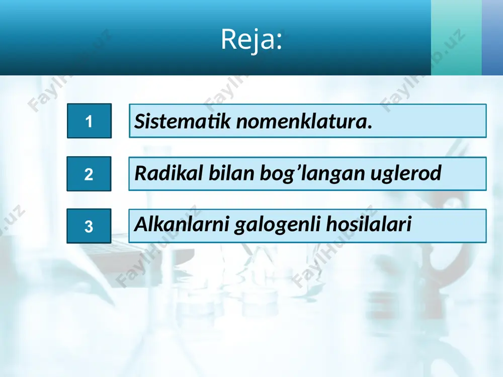 dan raqamlab chiqiladi. izomeriyasi. umumiy formulasi bir xil bo‘lib, tuzilishi (fizik va kimyoviy xossalari) har xil bo‘lgan moddalar izomerlar deyiladi. uglerod atomlari o’zaro birikkanda tarmoqlanmagan tuzilishdagi uglevodorodlarni normal (n) uglevodorodlar deyiladi. tarmoqlangan zanjirli uglevodorod deb normal tuzilishdagi uglevodoroddagi vodorod atomlari o’rnini uglevodorod radikallari egallagan moddalarga aytiladi. uglerod atomining soni oshgan sari, izomerlar soni ham ortib boradi. image2.jpg image3.png image4.jpeg image5.png image6.jpeg image7.png image8.png image9.png image10.gif image11.jpeg image12.png image13.png image14.png image15.jpeg image16.jpeg image17.png image18.jpeg image19.gif image1.jpg