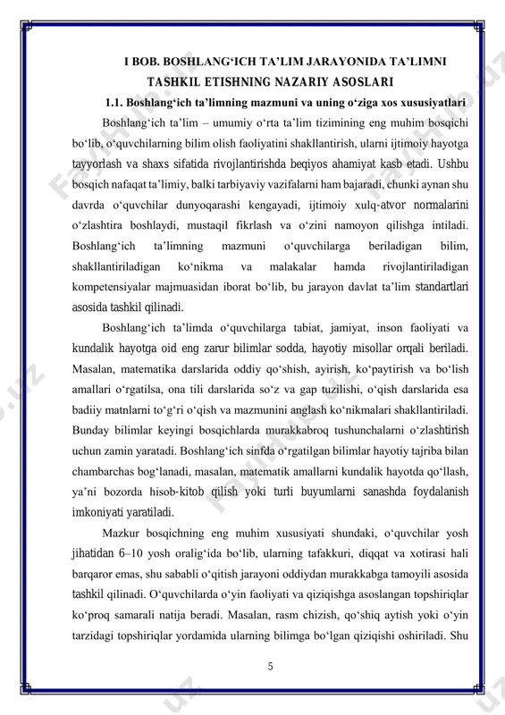 da o‘simliklarni chizish orqali bilimlarini kengaytiradilar. bu esa o‘quvchilarda olamni yaxlit holda tasavvur qilish ko‘nikmasini shakllantiradi. boshlang‘ich ta’limning mazmuni milliy va umuminsoniy qadriyatlarga tayanishi bilan ham ahamiyatlidir. dars jarayonida o‘quvchilarga milliy urf-odatlar, an’analar, qadriyatlar haqida tushunchalar beriladi, xalq og‘zaki ijodidan namunalar keltiriladi. masalan, ona tili darslarida maqollardan foydalanish o‘quvchilarda nafaqat til boyligini oshiradi, balki ularni hayotiy tajribaga tayyorlaydi. shu orqali o‘quvchilar milliy merosimizga hurmat ruhida tarbiyalanadi. shuningdek, boshlang‘ich ta’limda o‘quv jarayonining bosqichma-bosqichlik tamoyiliga qat’iy amal qilinadi. o‘quvchilarga avval sodda tushunchalar berilib, asta-sekin murakkabroq bilimlarga o‘tiladi. masalan, birinchi sinfda qo‘shish va ayirish amallari sodda misollar asosida tushuntirilsa, keyingi sinflarda ko‘paytirish va bo‘lish amallari kiritiladi, so‘ngra murakkabroq matematik masalalar yechishga o‘tiladi. boshlang‘ich ta’limning mazmuni o‘quvchilarda bilim olish motivatsiyasini kuchaytirish, ularni mustaqil fikrlash va ijodiy faoliyatga yo‘naltirish, shuningdek, shaxs sifatida kamol toptirishga qaratilgan bo‘lib, uning o‘ziga xos xususiyatlari 7 ta’lim jarayonini samarali tashkil etishga yordam beradi. shu bosqichda yaratilgan poydevor keyingi ta’lim bosqichlarida …