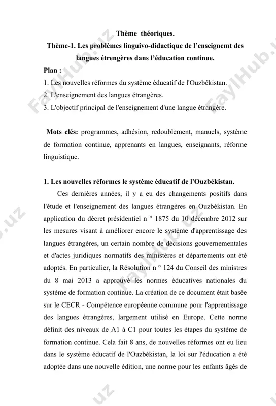 ves dans la réalisation des exigences de niveau a1 de connaissances, d’acquis et de pratiques desitinés pour les primaires. dans ce sujet nous essayons d’analyser et proposer les voies de résolution des problèmes posés ci-dessus. les langues sont liées les unes aux autres comme les membres d’une famille. la plupart des langues européennes étudiées en ouzbékistan appartiennent à trois groupes principaux de la famille indo-européenne des langues: germanique, roman et slave. la famille de langues germaniques comprend l'anglais, l'allemand, le suédois, le danois, l'islandais et le néerlandais quand les langues romanes comprennent le français, l'italien, l'espagnol, le roumain et le portugais qui utilisent tous l'alphabet latin. depuis des temps immémoriaux notre peuple qui écrivait en persan et en arabe, contribua au développement de la science mondiale, montra un grand intérêt pour l'apprentissage non seulement de sa langue maternelle, mais aussi des langues du monde. aujourd'hui les langues étrangères jouent encore …