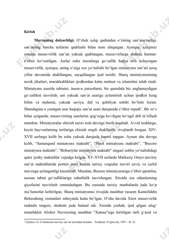 o`lyozmalarni ziynatlash bilan birga, mazkur asarlaridagi ilqor insonparvarlik g’oyalari, oliyjanoblikka bo`lgan intilish, go`zallik to’g’risidagi tasavvurni ifodalashga xam xizmat qilgan. turli san'atkorlar-xattot, rassom, muzaxxib, muqovasoz va boshqalarning ijodiy hamkorligida yaratilgan nodir qo`lyozmalari o`rta asr madaniy, ijtimoiy xayotini hamda badiiy-estetik qarashlarini o`rganishda qimmatli manbalardan xisoblanadi. yaqin va o`rta sharq madaniy markazlari bo`lmish bog’dod, tabriz, samarqand, buxoro, xirot, sheroz kabi shaharlarda x-xix asrlar davomida maxsus miniatyura maktablari mavjud bo`lib, ba'zan yuksak darajada rivojlangan, ba'zan esa tanazzulga yuz tutgan. har bir rassomlik markazida o`ziga xos badiiy-ifodaviy xususiyatlar yuzaga kelishi bilan birga ularning barchasi sharq miniatyura san'atining ranglar sofligi va yorqinligi, chiziqlarning nafisligi va nozikligi, tasviriy uslubning dekorativ xosiyati bilan xarakterlanadi. nodir qo`lyozmalar kitoblari, miniatyura nodir qo`lyozmalar ziynatlari bo`lmish shams, zarvarak, unvon, xoshiya naqshi, lavxa, xotima kabi bezaklar bilan umumiy uslubiy uyqunlikka ega. bu kitob ziynatlarning dekorativ xususiyati ular yaratilgan davr dunyoqarashi, tafakkur tarzi bilan bevosita bog’liqdir. nafis mo`'jaz rasmlar asosan ilmiy, badiiy va tarixiy …