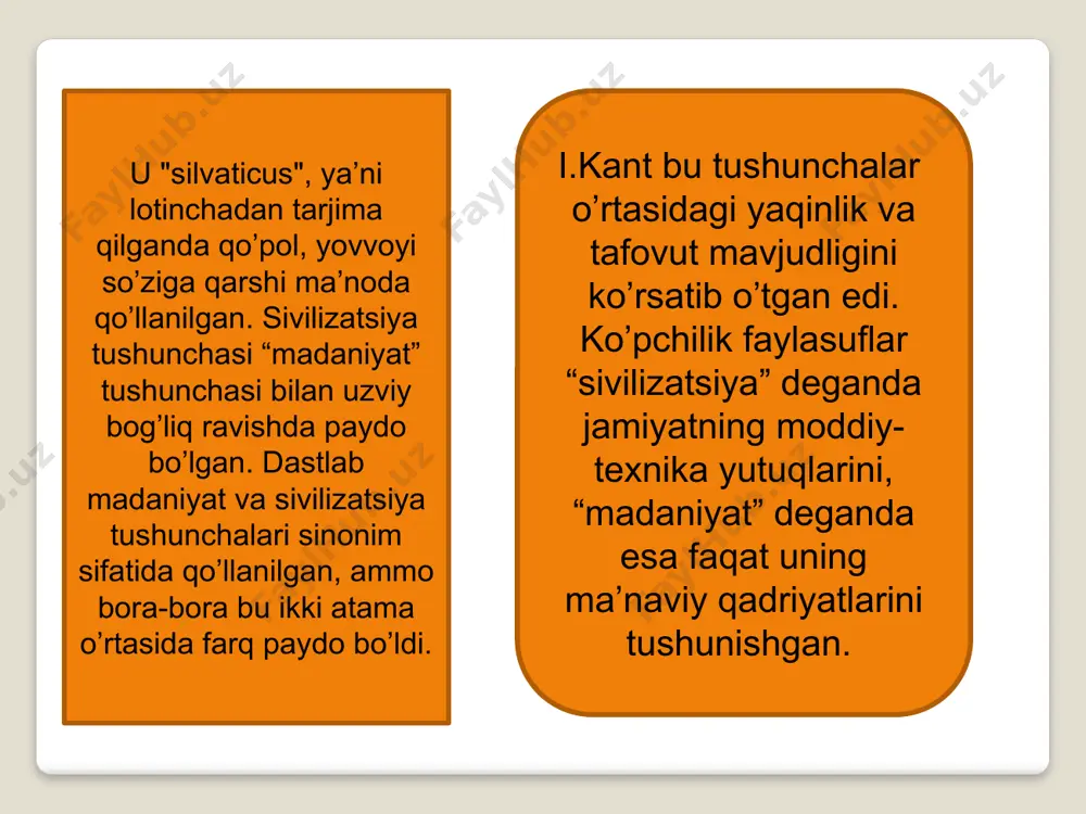 bi) ga asos bo’lgan. 8 1877 yilda amerikalik tarixchi va etnograf l.morgan (1818-1881 yy) o’zining “qadimgi jamiyat” kitobida sivilizatsiya atamasini yagona madaniy-tarixiy jarayonning ma’lum darajasini belgilash uchun qo’llashni taklif etdi. morgan sistemasi: ibtidoiy jamiyat taraqqiyoti yovvoyilik, varvarlik va sivilizatsiya bosqichlari. n.ya.danilyevskiy (1822-1885) -diniy, madaniy, siyosiy, ijtimoiy-iqtisodiy asoslar arnold toynbi (1889-1975) “tarixni anglash” asari din har qanday sivilizatsiyaning o’zagi va tayanchidir. 21, keyinchalik 37 ta sivilizatsini sanab o’tadi. mark blok (1886-1944) va lyusyen fevr (1878-1956) -taraqqiyotning asosini mentalitet tashkil qiladi. uolt rostou -taraqqiyotida texnik-iqtisodiy ko’rsatgichlar hal qiluvchi rol o’ynaydi. sivilizatsiyali hayot insonni madaniyatli qiladi va uning har tomonlama kamol topishi uchun shart-sharoit yaratadi. sivilizatsiya kategoriyasining serqirraligi va ko’p serma’noligi tufayli unga aniq ta’rif berish mushkul. “sivilizatsiya” ning yuzdan ortiq ta’riflari mavjud bo’lib, har bir o’ziga xos ta’rifida ijtimoiy hayotning ma’lum tomonlari, jihatlariga alohida urg’u beriladiki, bu umuman sivilizatsiyaning ijtimoiy hodisa sifatidagi mohiyatini to’laroq anglab etishga xizmat qiladi. ijtimoiy ong fan, madaniyat, …