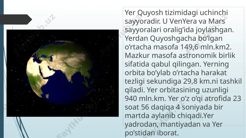 yer po‘sti. u turli moddalardan tashkil topgan. foydali qazilmalar yer po‘sti da bo‘ladi. tuproq va qumlar yer po‘stining sirtida joylashgan. hamma jismlarning usti va osti bo‘ladi. hamma jismlarning usti va osti bo‘ladi. lekin yer sharining usti ham, osti ham yo‘q. odamlar yer yuzining qayerida turishsa ham, o‘zlarini yer ustida turgandek his qiladilar (14-rasm). yer shari ning orqa tomonidagi odamlar bizga nisbatan oyoqlari yuqorida, boshlari pastda bo‘ladi. lekin ular ham yer sharining ustida turibmiz deb o‘ylaydilar. yer shari ustidagi, ostidagi, yon tomonlaridagi boshqa narsalarni bir xil tarzda o‘ziga tortib turadi. odatda katta o‘lchamli narsalarni o‘rga nish uchun uning modelidan foyda lani ladi. yer sharini o‘rga nish uchun globusdan foydalaniladi. yer sharining kichrayti rilgan tasviri, ya’ni modeli globus deb ataladi.globus so‘zi shar degan ma’noni bildiradi. globusning kattaligi yer sha ri dan bir necha million marta kichik bo‘ladi. maktab glo busining kattaligi futbol to‘pidek bo‘ladi (15-rasm). globus markazidan o‘tkazilgan o‘q aylanish o‘qi deyiladi. …