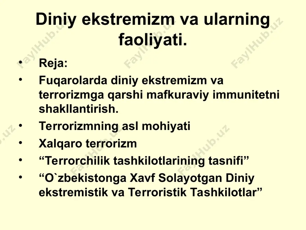zadi yurtboshimiz - insoniyat qo`lida mavjud bo`lgan qurol-yarog`lar yer kurrasini bir necha bor yakson qilishga yetadi. buni hammamiz yaxshi anglaymiz. lekin hozirgi zamondagi eng katta havf-insonlarning qalbi va ongini egallash uchun uzluksiz davom etayotgan mafkuraviy kurashdir. endilikda yadro maydonlarida emas, mafkura maydonlarida bo`layotgan kurashlar ko`p narsani hal qiladi. bu achchiq haqiqatni hech qachon unutmaslik lozim.” terrorizmning asl mohiyati jahondagi ko`pgina davlat va jamoat arbobloari, yirik olimlar, mutaxassislar, ayniqsa, yoshlar dunyoni tinchlik hukmron bo`lihsi, har qanday havfning oldi olinishidan manfaatdor ekanliklarini sezmoqdalar va buning uchun barcha kuch, imkoniyatlarni safarbar etmoqdalar. taasuflar bo`lisnki, o`tgan og`ir jinoyat butun dunyoga insonlar boshiga katta havf-xatar solmoqda, zaminimiz tinchini buzmoqda. terrorchilik o`ta murakkab jinoiy hodisadir. bugungi kunda “terror”, “terrorizm” “terrorchilik harakati”, “davlat terrorizm”, “xalqaro terrorizm” kabi huquqiy atamalarining har birini tahlil qilishga ehtiyoj sezilmoqda. xalqaro terrorizm xalqaro terrorizm- biron bir davlatdagi terrorchilarning o`z harakatlarini u yoki bu davlat hududidan tahsqariga chiqib, davom ettirishdir. terrorchilarning biron bir …