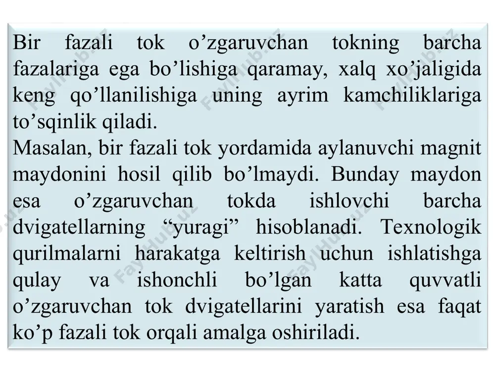 tok sisteamsini hosil qilish chulgʼamlarning bosh uchlari harflari bilan belgilangan. har bir chulgʼam uch fazali generatorning alohida fazasi hisoblanadi. eyuk larning taʼsir etuvchi qiymatlari harflari bilan belgilanadi. rotor oʼzgarmas magnit (elektromagnit) dan yasalgan boʼlib, mashinaning asosiy magnit maydonini hosil qilish uchun hizmat qiladi. unga oʼralgan “uygʼotish chulgʼami” dan oʼtadigan tok yordamida rotorning magnit maydonini boshqarish mumkin. rotor oʼzgarmas burchak tezligi ω bilan aylanganda uning magnit kuch chiziqlari statorning har bir chulgʼamida (fazasida) elektromagnit induktsiya qonuniga koʼra, amplituda va chastotalari bir xil boʼlgan, ammo bir biridan faza boʼyicha 2π/3 ga (yoki t/3 davrda) farqlanuvchi quyidagi sinusoidal oʼzgaruvchan eyuk larni induktsiyalaydi: yuqoridagiga oʼxshash yoʼl bilan uch fazali kuchlanish va tok sistemasi uchun ham quyidagi ifodalarni yozish mumkin: shuningdek, grafikdan koʼrinadiki har bir faza eyuk lari oʼzlarining maksimumlariga t/3 davr oʼtib erishadi. shunga koʼra, eyuk vektorlari larning geometrik yigʼindisi quyidagicha (1-rasm, v) boʼlib, qirrali simmetrik yuldz shaklini tashkil etadi. 1-rasm, a va b …