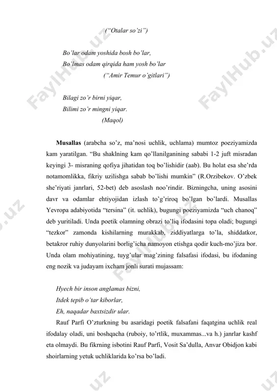 y maqsadga, xulosaga olib keluvchi ko’prik burchini o’taydi. nihoyat so’nggi misra, maqsadni ochiq, ravshan aytib tugatilishi sintezdir. ruboiy, to’rt misraga sig’dirilgan butun bir she’riyat dunyosi, insonning g’oyat xilma-xil va juda boy fikr-hislari, “qalb dialektikasi”ning ajoyib tarjimonidir” (m.yunusov. barhayot an’analar, t., 1969, 77-bet). ruboiy qofiyalanishga qarab ikki xil bo’ladi. agar u a-a-b-a tarzida qofiyalansa xosiy ruboiy, -a-a-a-a tarzida qofiyalansa taronai ruboiy deb yuritiladi. bugungi poeziyamizda ham ruboiylar ko’plab yaratilmoqda “... inson hayotida, ichki kechinmalarida yuz bergan eng teran va keskin momentlardagi mulohaza va fikrlarni quyma satrlarda gavdalantirishi” (a.hayitmetov. navoiy lirikasi, t., “fan”, 1961, 186 bet) va uning falsafiy mohiyatini g’oyatda chuqur va qabariqli, ixcham va lo’nda aks ettirish hazaj bahridan keyingi yetakchi belgiga aylandi. shoirlar majlisi - hislar to’foni, o’tkir tuyg’ularning tinmas bo’roni, unda olam tirik, ona-yer uyg’oq, unga erisholmas dunyo sultoni. (to’lan nizom. “uch yuz uch ruboiy”.) ular (bahr va falsafiylik)ning birbutunligi, ayniqsa, umar xayyom ruboiylarida go’zal ifodasini topgan. xayyom …