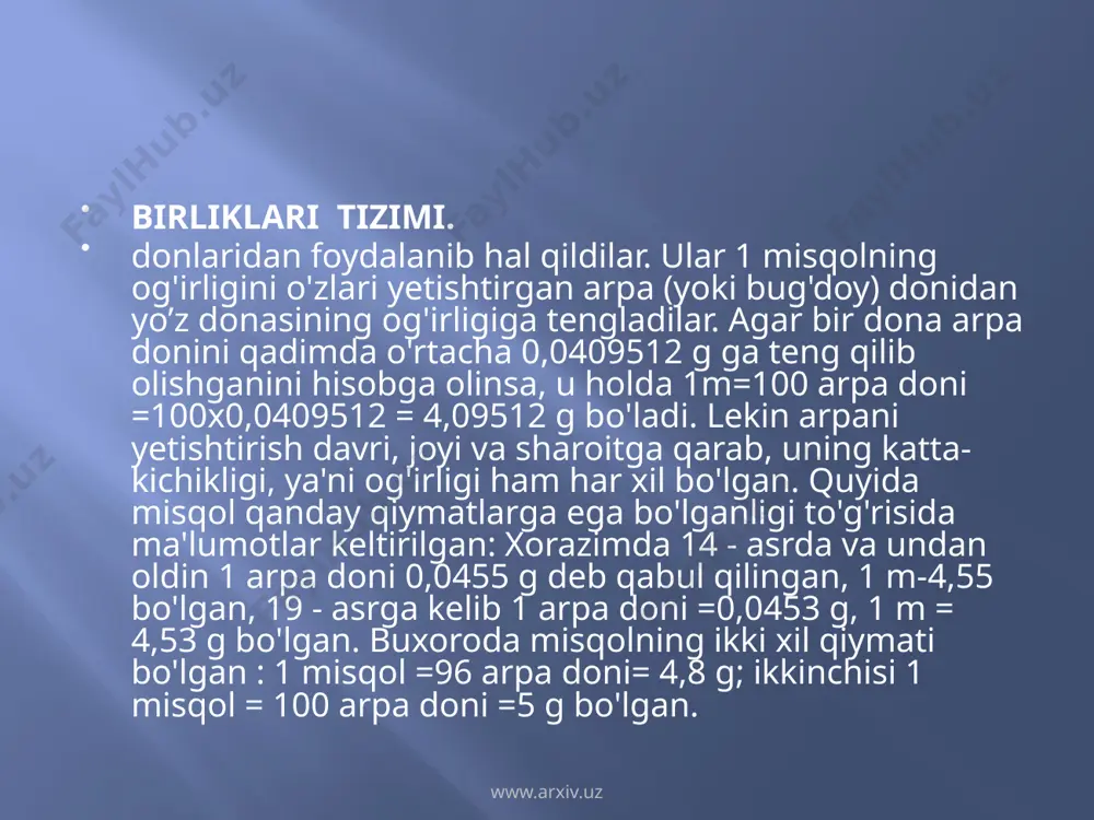 atta o'ljaga – oltin idishlar, haykalcha va boshqa buyumlarga ega bo'ldi. eritilgan tilloning o'zi 150 ming misqolga teng kelgan. taxmin qilishlaricha, qutayba xazinadagi barcha tillo buyumlarni bir joyga yig'ib eritishni buyurgan. bundan 50 ming misqol oltin hosil bo'lgan ekan. www.arxiv.uz qadoq – og'irlik o'lchov birligi. juda qadimdan qo'llanilib keladi. l qadoq = 409,512 g. qiymat jixatidan 1 funtga teng bo'lgan; 1 qadoq = l funt. funtning qiymati ishlatilishi joyiga qarab har xil bo'lgan. masalan, rossiyada 1 funt = 409,512 g bo'lsa, angliya va aqsh da 1 funt = 0,45359237 kg, 453,592 g. o’rni kelganda shuni ta'kidlash kerakki, angliya funti 453,592 g bo'lib, u misr xinasi /misr xinasi=0,454 kg hajmidagi suv og’irligiga teng. bulardan ko'rinib turibdiki, o'zbek qadoqining qiymati qadimdan to hozirgacha o'zgarishsiz bo'lib, o'lchov birligi sifatida qo'llanilib kelmoqda. chunki 40 qadoqga tenglab olingan va qadimdan to hozirgi kungacha qo'llanib kelayotgan pud hozirgi kunda ham 16,3805 g ga teng. bunga asosiy …