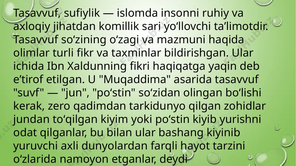 berma aningdek xudnamogʻa" deb yozadi. misrlik olim ibrohim basyuniy "islomda tasavvufning paydo boʻlishi" kitobida hijriy 3 va 4-asrlarda yashab oʻtgan olimlarning tasavvuf haqidagi 40 ta taʼrifini keltiradi. xulosa qilib aytish mumkinki, tasavvuf islom shariati talablarini ham ixlos bilan bajargan holda zuxd, taqvo, kamtarlik kabi oliyjanob fazilatlarni oʻzida mujassam etib, nafsni poklash yoʻli bilan komil inson darajasiga erishishga harakat qilishdan iborat tasavvufning oʻziga xos istilohi mavjud. masalan, tasavvuf ilmidan saboq beruvchi shaxs — shayx, murshid, pir, eshon, xoja, mavlo, mavlono, maxdum kabi unvonlar bilan tanilgan. tasavvufdan saboq oluvchi shaxs — murid, solik, axli dil, axli hol, mutasavvif kabi nomlar bilan atalgan. tasavvuf boʻyicha oliy maqomlarga erishgan sohibkaromat pirlar — valiy, avliyo, qutb, aqtob, avtod, chilton, abdol, abror, ahror, nujabo, nuqabo, siddiq, gʻavs va h.k. deyilgan. tasavvuf ahli baʼzan oshiq, faqir, haqir, darvesh, qalandar, zohid, orif, devona, ahli muhabbat, ahli suluk, rijolulgʻayb, savdoyi, gado kabi atamalar bilan ham ifoda etilgan. tasavvuf istilohi …