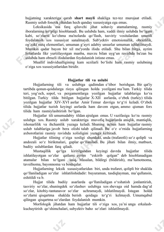 o‘zlashuvga xos so‘zlar, emotsional-ekspressiv bo‘yoqqa ega bo‘lgan so‘zlarning ishlatilishi me'yor sanalmaydi va shu jihati bilan boshqa uslublardan keskin farq qiladi. rasmiy-diplomatik uslubning grammatik me'yori ham alohida xususiyatlarga ega. masalan, ot so‘z turkumiga oid so‘zlar ko‘p ishlatiladi. noaniqliklarga yo‘l qo‘yilmaslik maqsadida ular olmoshlar bilan almashtirilmaydi. bu uslubda fe'lning harakat nomi shakli faol qo‘llaniladi, gapning kesimi ko‘pincha hozirgi zamonning majhul nisbatida ifodalanadi, hujjatning xarakteriga qarab shart mayli shakliga tez-tez murojaat etiladi. rasmiy uslub fonetik jihatdan hech qanday xususiyatga ega emas. leksikasida esa farq qiluvchi jihat sohaviy atamalarning, rasmiy iboralarning ko‘pligi hisoblanadi. bu uslubda ham, xuddi ilmiy uslubda bo‘lgani kabi, so‘zlarni ko‘chma ma'nolarda qo‘llash, tasviriy vositalardan unumli foydalanish xos xususiyat sanalmaydi. sub'yektiv emotsionallik, obrazlilik, og‘zaki nutq elementlari, umuman g‘ayri adabiy unsurlar umuman ishlatilmaydi. mumkin qadar bayon bir xil me'yorda ifoda etiladi. shu bilan birga, ayrim holatlarda fikr yurtiilayotgan manba, mavzu bilan uyg‘un ravishda ba'zan bu uslubda ham obrazli ifodalardan foydalanish istisno emas. muallif …
