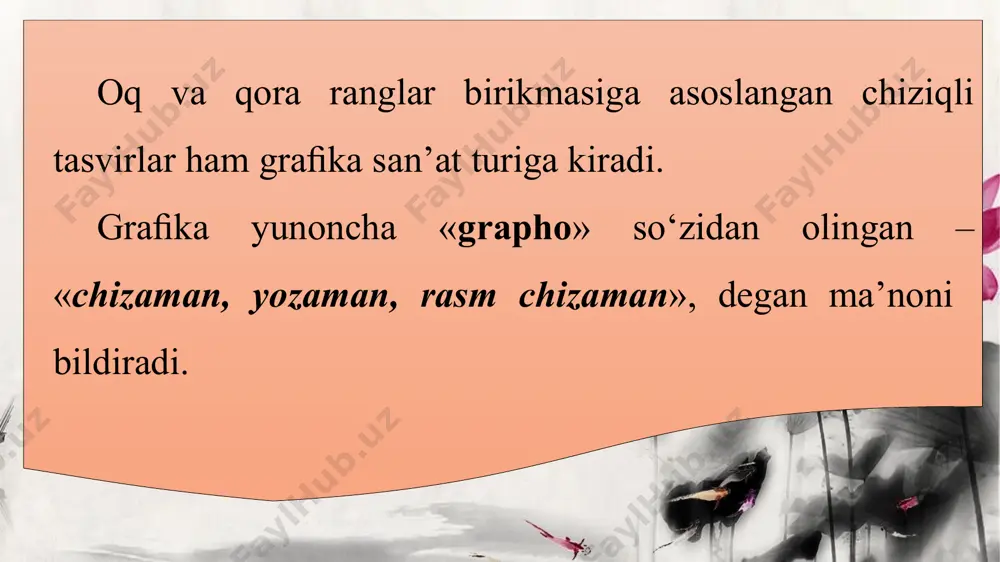oyaning turli shakllaridan, qalinlashtirilgan chiziqlar va ularning turli yo‘nalishlaridan foydalanilgan. albatta, graﬁk rasm ishlash uchun xotirjam, tinchlik holatini ifodalovchi manzarali joy tanlanadi. tasvirlanadigan manzara joyini diqqat bilan kuzatib, so‘ng chizishga harakat qilamiz. biz tabiatning manzara tasvirini bosqichma-bosqich chizish orqali amalga oshiramiz. birinchi bosqichda – manzaraning tasvirini qog‘ozga yordamchi chiziqlar orqali to‘g‘ri joylashtiramiz. chiziqli kompozitsiya tasviri tayyor bo‘lgandan so‘ng, uni yana bir bor natura bilan solishtirib ko‘riladi. aniqlangan kamchiliklar tuzatiladi. ikkinchi bosqichda – manzaraning yorug‘-soya joylari aniqlashtirilib, yengil chiziqlar orqali shtrixlar yuritiladi. uchinchi bosqichda – manzaraning och-to‘qlik joylaridagi tusli munosabati aniqlashtiriladi. to‘rtinchi bosqichda – manzaradagi daraxtlar hajmdorligi, xarakterli joylari, soyalari, ular orasidagi o‘zaro bog‘lanishlar nihoyasiga yetkaziladi. qalin soyali joylari to‘qlashtirib, umumlashtiriladi. dars oxirida bolalar ishlagan rasmlardan ko‘rgazma tashkil etiladi va ular tahlil qilinadi.