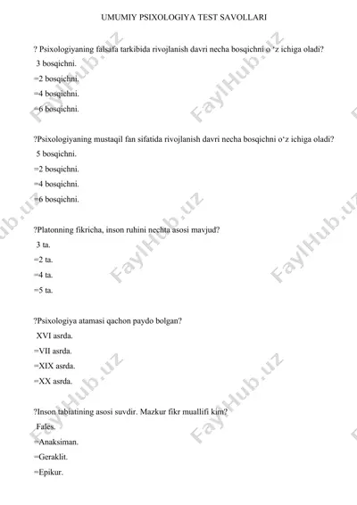 umumiy psixologiya test savollari — DOC