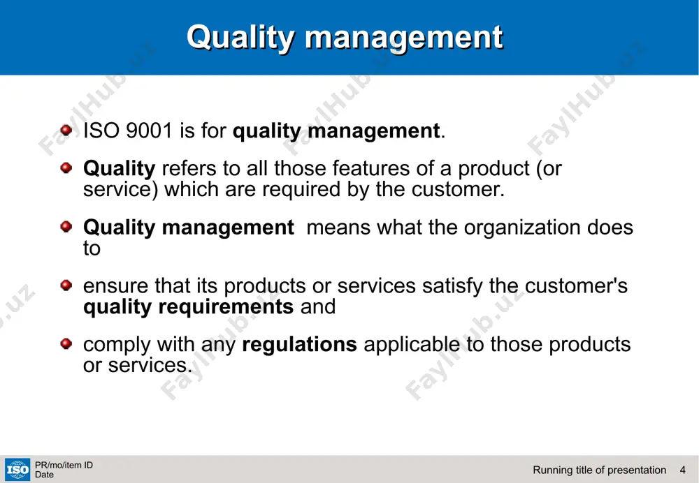 g a clear goal. * running title of presentation pr/mo/item id date iso does not certify iso does not carry out iso 9001 or iso 14001 certification. iso does not issue certificates. iso does not accredit, approve or control the certification bodies. iso develops standards and guides to encourage good practice in accreditation and certification. * running title of presentation pr/mo/item id date the iso 9000 family iso 9001 is the standard that gives the requirements for a quality management system. iso 9001:2008 is the latest, improved version. it is the only standard in the iso 9000 family that can be used for certification. there are 16 other standards in the family that can help an organization on specific aspects such as performance improvement, auditing, training… * running title of presentation pr/mo/item id date the iso 14000 family iso 14001 is the standard that gives the requirements for an environmental …