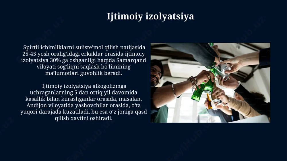 da 2022 yilda 5000 dan ortiq o'lim holati qayd etilgan bo'lib, bu umumiy o'lim-yitimlar sonining 2% ni tashkil etadi. huquqbuzarliklar va jinoyatchilik spirtli ichimliklarni suiiste’mol qilish natijasida toshkent shahrida 2022-yilda qayd etilgan huquqbuzarliklar soni 15% ga oshgan, bu jinoyatchilikning umumiy ko'rsatkichlariga ham salbiy ta’sir ko'rsatdi. surxondaryo viloyatida spirtli ichimliklar ta’sirida sodir etilgan yo'l-transport hodisalari soni 30% ga ko'paygan, natijada 50 dan ortiq inson halok bo'lgan yoki jarohatlangan. asab tizimiga ta'siri alkogol iste'moli periferik neyropatiyaga, ya'ni qo'l va oyoqlarda og'riq, karıncalanma va sezgirlikning yo'qolishiga olib kelishi mumkin. aqshda o'tkazilgan tadqiqotlar shuni ko'rsatdiki, alkogolizmdan aziyat chekayotganlarning 40% dan ortig'ida periferik neyropatiya belgilari kuzatiladi. surunkali alkogolizm miya hujayralarining 10-25% gacha o'limiga olib kelishi mumkin, bu esa xotira, fikrlash va muvozanat kabi funksiyalarni buzadi va hatto demansga olib kelishi mumkin, ayniqsa, rossiya va sharqiy yevropa mamlakatlarida bu holat keng tarqalgan. davolash va reabilitatsiya алкоголизмдан даволаниш давомийлиги беморнинг ҳолатига боғлиқ бўлиб, ўртача 3-6 ойни ташкил …