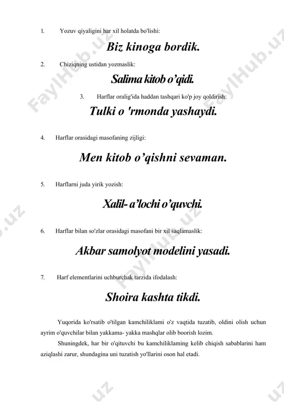 charchab qoladilar. bu sinfda o'qituvchining asosiy vazifasi o'quvchilarda kattalarga xos bo'lgan yozuv kallegrafiyasini shakllantirishdan iborat. ba'zi o'qituvchilar bu sinfda ona tili mashqlari bilan yozuv darslarni bir-biriga bog'lab o'tish yo'llarini yaxshi bilmaydilar, vaholanki, har bir ona tili darsida yozuv mashqi uchun ajratilgan 8-10 minut vaqtdan unumli foydalanish shart. aks holda o'quvchilar ayrim harflarning shaklini buzib yozishga odatlanib qoladilar. o'quvchilarning yozuvlariga qat'iy talablar qo'yish bilan birga, ularning daftarlariga qo'yilgan pedagogik va gigiyenik talablarini ham unutib qo'ymaslik kerak. 4-sinf o'quvchilariga chiroyli yozuv qoidalarini eslatib turish bilan bir qatorda uni bir tartibga tushirib olish ham bir o'qituvchining muhim vazifasidir. bu sinfda to'g'ri tashkil etilgan chiroyli yozuv malakalari bir umrga saqlanib qoladi. 4-sinfda ham tez yozish malakalarini yanada o'stirish uchun quyidagi ayrim mashqlarni bajartirish mumkin. yuqorida ko'rsatib o'tilgan kamchiliklarni o'z vaqtida tuzatib, oldini olish uchun ayrim o'quvchilar bilan o'z vaqtida tuzatib, oldini olish uchun ayrim o'quvchilar bilan yakkama-yakka mashqlar olib borish lozim. shuningdek har bir …