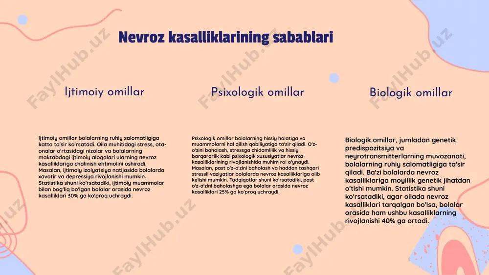 usullar: ijtimoiy, psixologik, tibbiy 1. ijtimoiy usullar: bolalarga do'stona muhit yaratish, o'yinlar va muloqot orqali ijtimoiy ko'nikmalarni rivojlantirish. 2. psixologik usullar: stressni boshqarish va bolalarga o'z his-tuyg'ularini ifoda etish imkoniyatini berish. 3. tibbiy usullar: tibbiy tekshiruvlar va zarur bo'lganda davolash, bolalarning jismoniy salomatligini nazorat qilish. usullar afzalliklari va kamchiliklari ijtimoiy usullar bolalar orasida do'stlikni rivojlantiradi, lekin bunday muhit har doim mavjud bo'lmasligi mumkin. psixologik usullar bolalarga his-tuyg'ularini tushunishga yordam beradi, ammo har bir bola uchun individual yondashuv talab qilinadi. tibbiy usullar esa zarur bo'lganda qo'llanishi lozim, chunki ular nojo'ya ta'sirlar keltirib chiqarishi mumkin. strategiyalar ta'rif: nevroz kasalliklarining oldini olish uchun strategiyalar bolalarda nevroz kasalliklarining oldini olish uchun strategiyalar muhimdir, chunki ular bolalarning ruhiy salomatligini saqlashga yordam beradi. ushbu strategiyalar, bolalarning stress darajasini kamaytirish va ularning umumiy farovonligini oshirishga qaratilgan. maktab va oila muhitida strategiyalar maktab muhitidagi strategiyalar: - psixologik maslahat va qo'llab-quvvatlash xizmatlari taqdim etish. - stressni kamaytirish uchun o'yinlar …