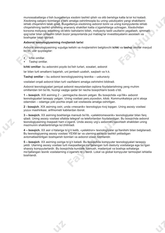 arajasini ko’tarish. katta xajmdagi multimediya axborotini (matn, grafika, video tasvir, tovush, animatsiya) qabul qilish ishlashga yangi intellektual vositalar va inson mashina interfeyslardan foydalanish asosidagina yerishish mumkin. informatikada mexnat unumdorligini oshirish suratlari etarli bo’lmasa, butun halq xo’jaligida samaradorligini o’sishi anchagina kamayib ro’y berishi mumkin. xozirgi dunyodagi barcha ish joylarining 50 foizi ga yaqin axborotni qayta ishlash vositalari bilan ta’minlangan.. jamiyatni axborotlashtirish, yangi axborot texnalogiyalari bilan ta’minlash insonlarning turli – tuman ma’lumotlarga bo’lgan yehtiyojini qondirishda muxim o’rin tutadi. inson axborot olami ichra yasharkan , voqeya xodisalar jarayonlarning bir – biriga aloqadorligini, o’zaro munosabatlari va moxiyatni tashkil yetish ,o’z xayotidan kelib chiqayotgan murakkab savollarga ilmiy javob topish maqsadida ko’pdan - ko’p dadil va raqamlarga murojat qiladi. axborot tufayli nazariya amalyot bilan birikadi. amaliyot nazariyasi nazariya yesa amalyotsiz mavjud ham bo’lmaydi ,rivojlanmaydi ham. zavodlarimizning asosiy maqsadi informatika vositalarining ahamiyati to’g’risida fikir yuritish yemas, balki jamiyatning axborotga bo’lgan yextiyojini qondirishdagi usul va vositalar to’g’risida tushunchaga …